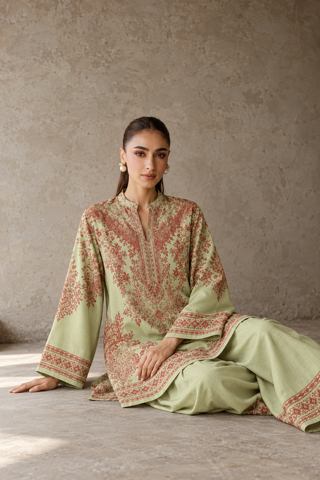 Sage Green Paisley Print Tunic & Farshi Salwar Co-Ord Set For Women