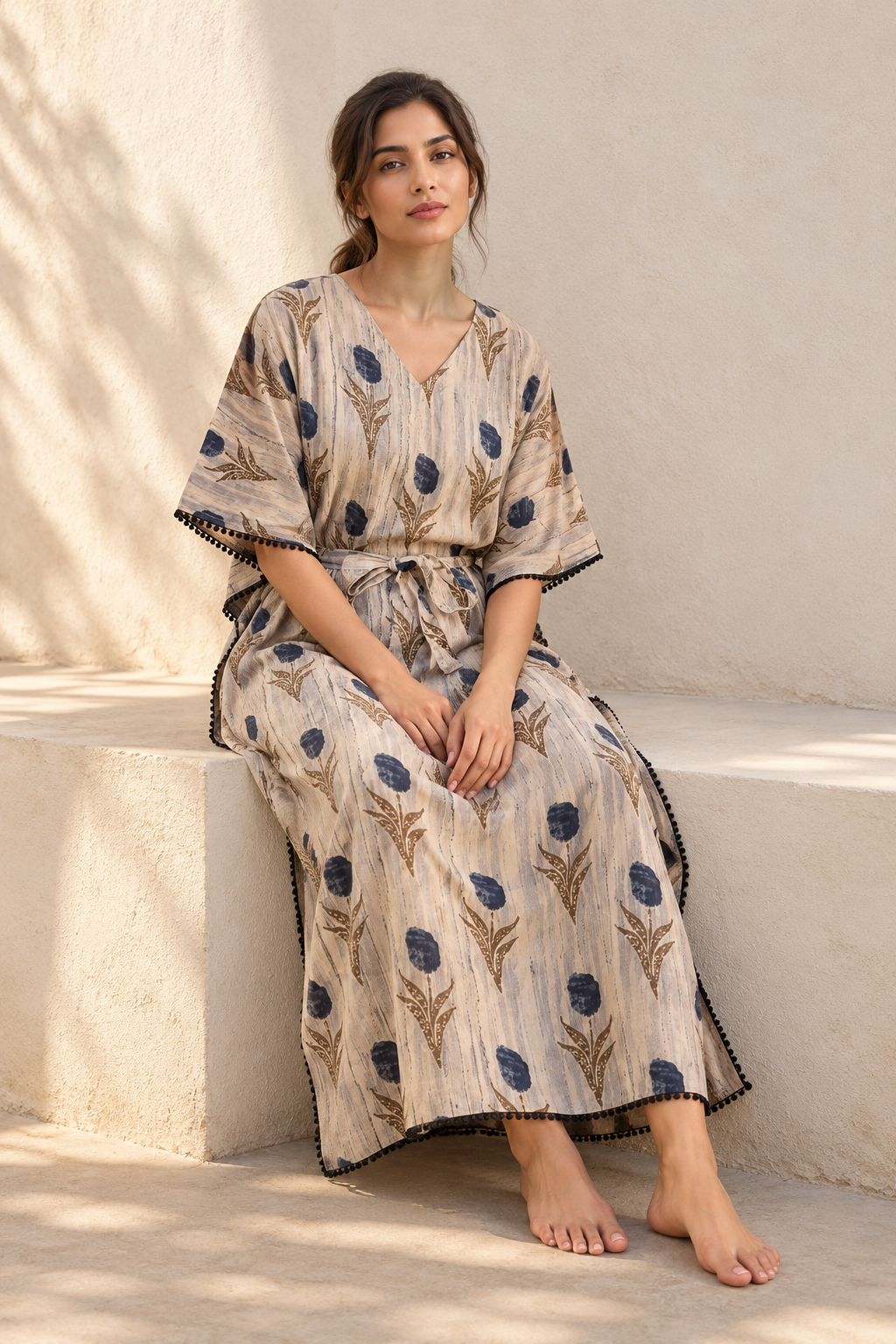 Grey Floral V-Neck Pure Cotton Kaftan Nighty For Women