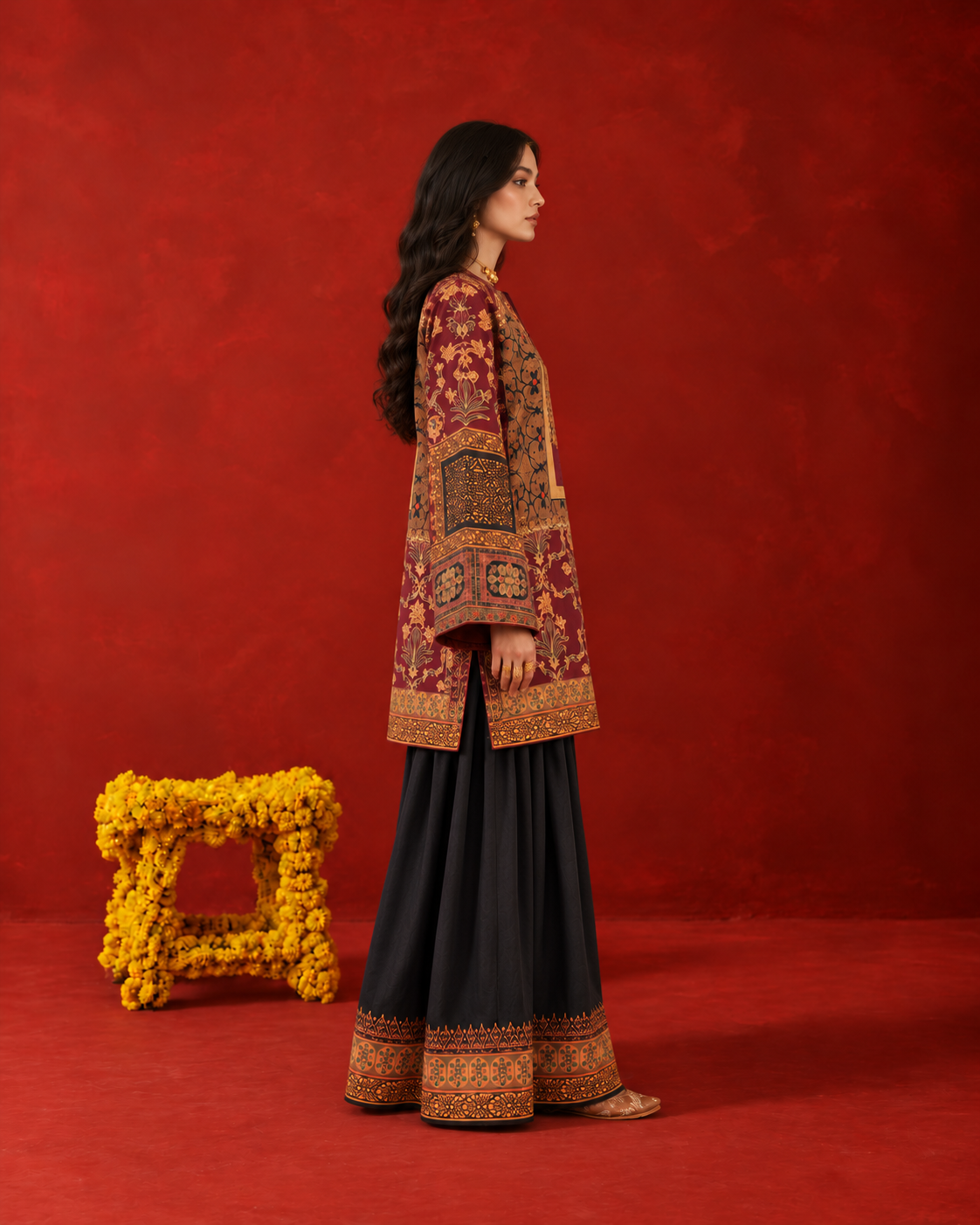 Maroon V-Neck Persian Arabesque Print Farshi Salwar Suit Co-ord Set For Women