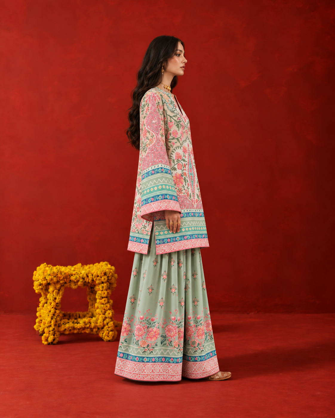 Sea Green Floral & Paisley Print V-Neck Farshi Salwar Suit Co-Ord Set For Women