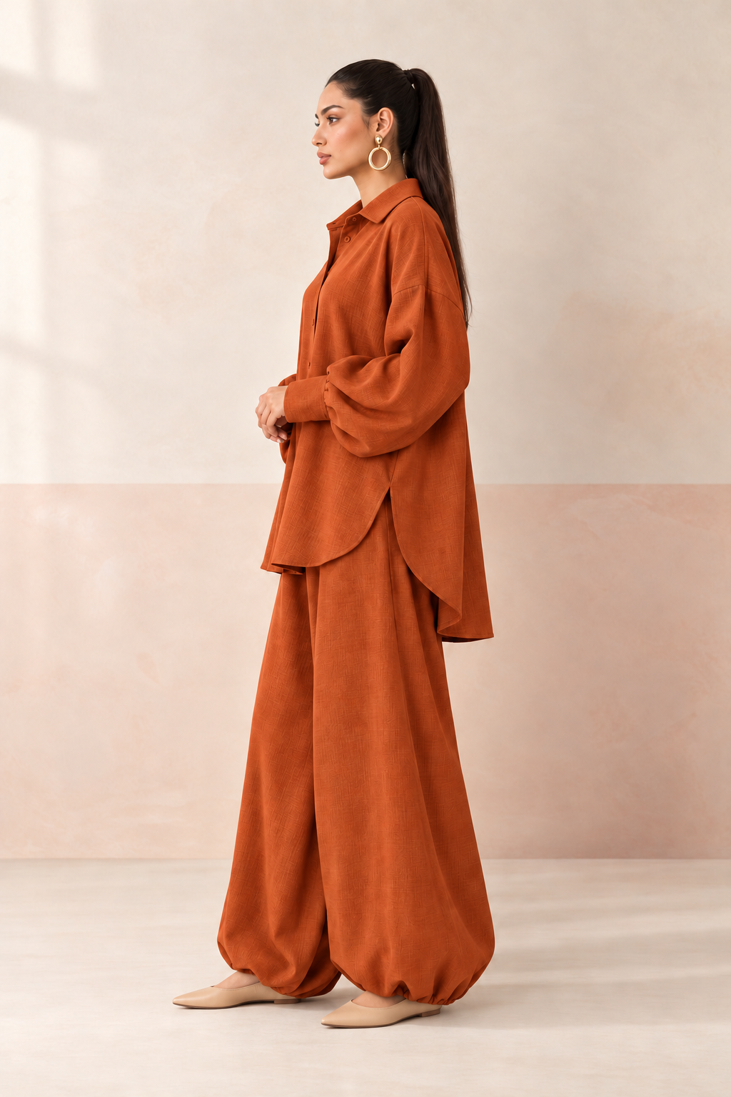 Rust Orange Shirt Collar Long Sleeve Balloon Style Co-ord Set For Women