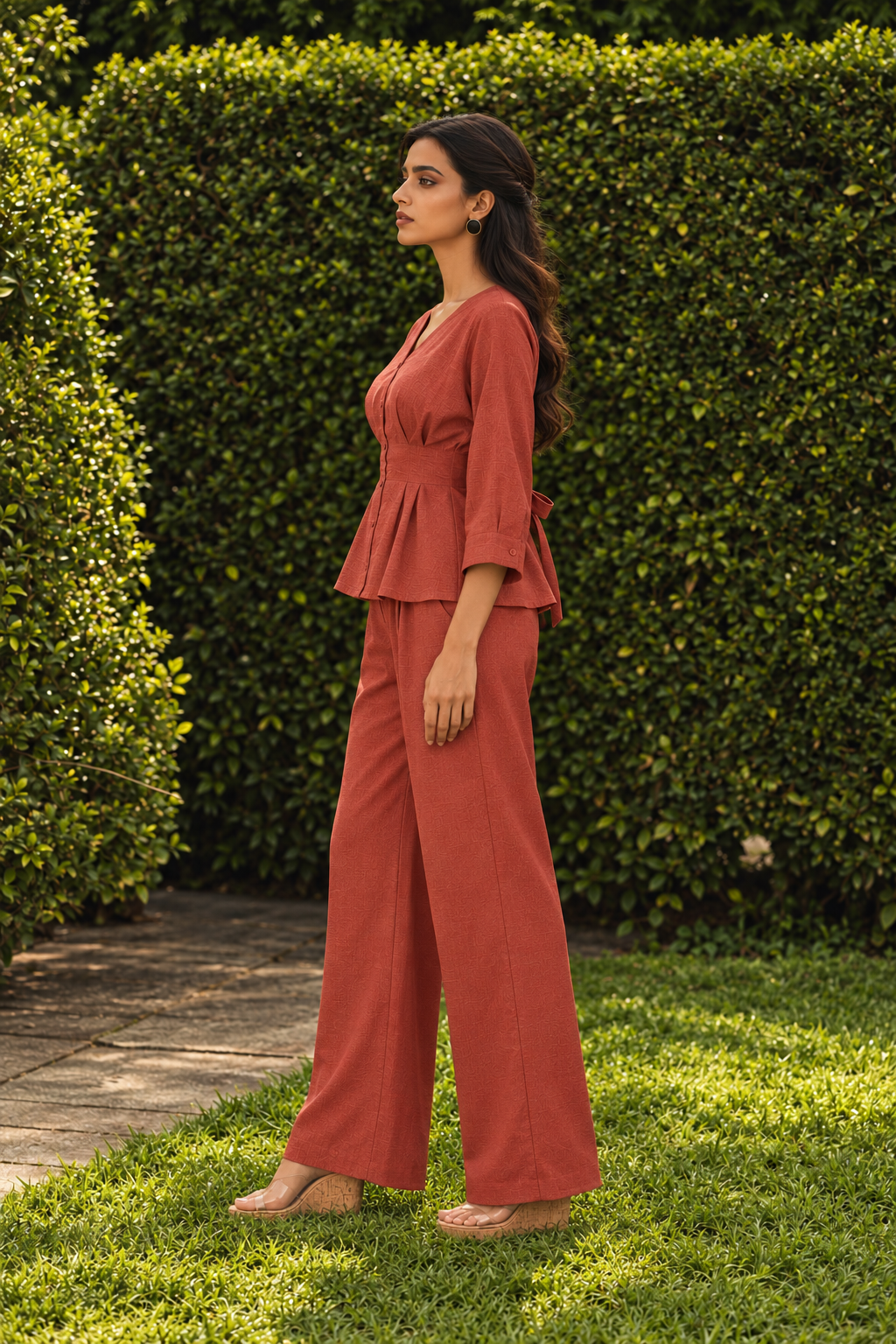 Red V-Neck Peplum Top and Trousers Smart Casual Co-Ord Set For Women