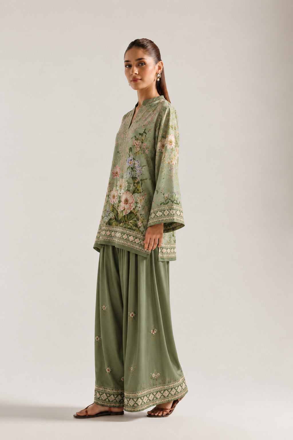 Sage Green Botanical Floral Print Tunic & Farshi Salwar Co-Ord Set