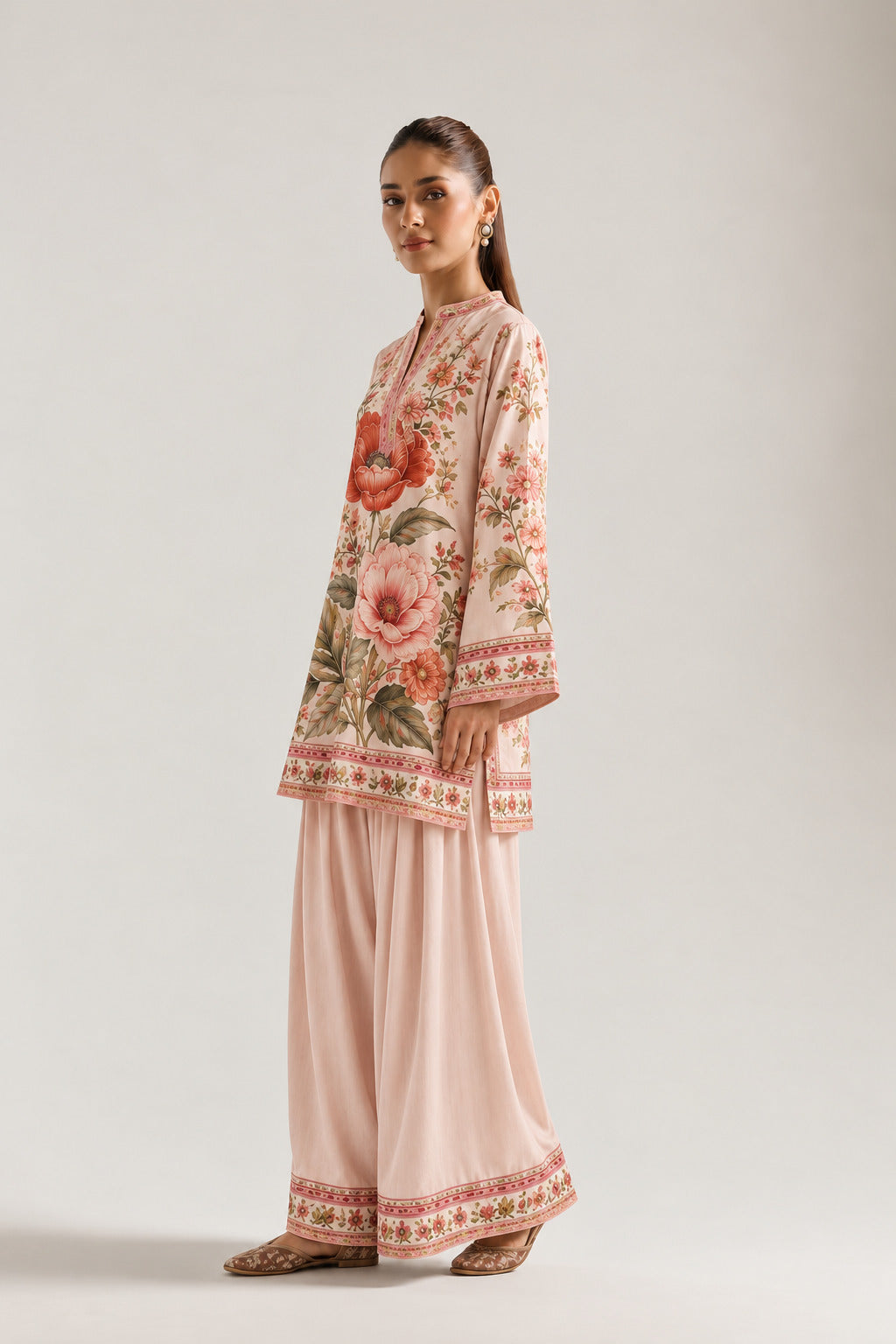 Pink Mandarin Neck Floral Statement Tunic & Farshi Salwar Co-Ord Set