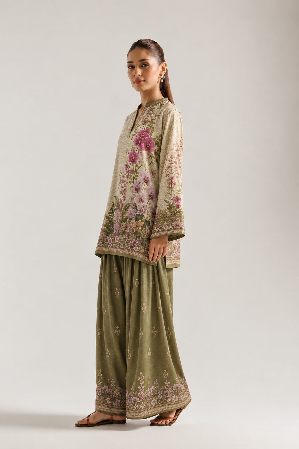 Olive Green Mandarin Neck Floral Print Tunic & Farshi Salwar Co-Ord Set
