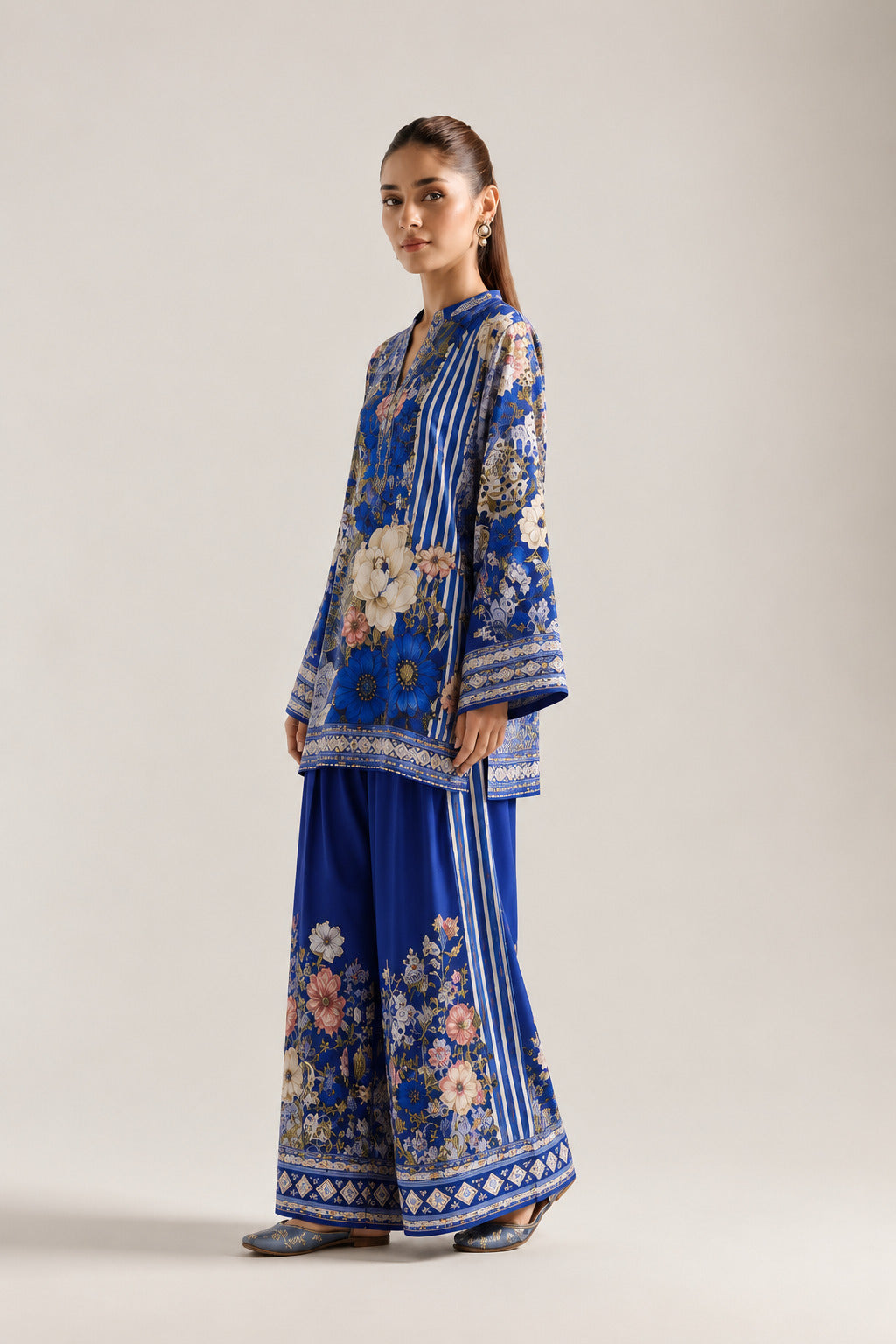 Blue Botanical Floral & Striped Tunic & Farshi Salwar Co-Ord Set For Women