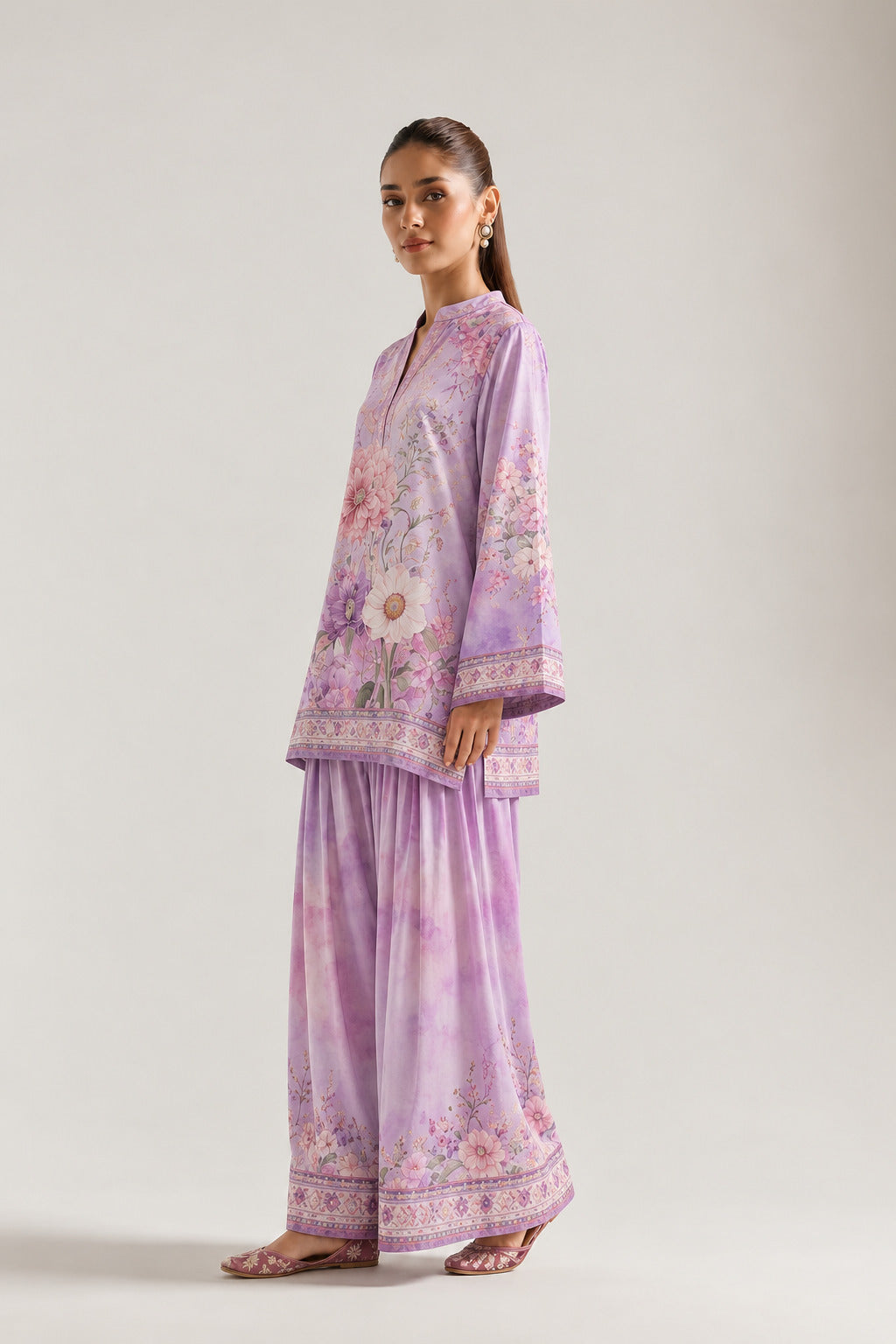 Purple Blossom Mandarin Neck Tunic & Farshi Salwar Co-Ord Set