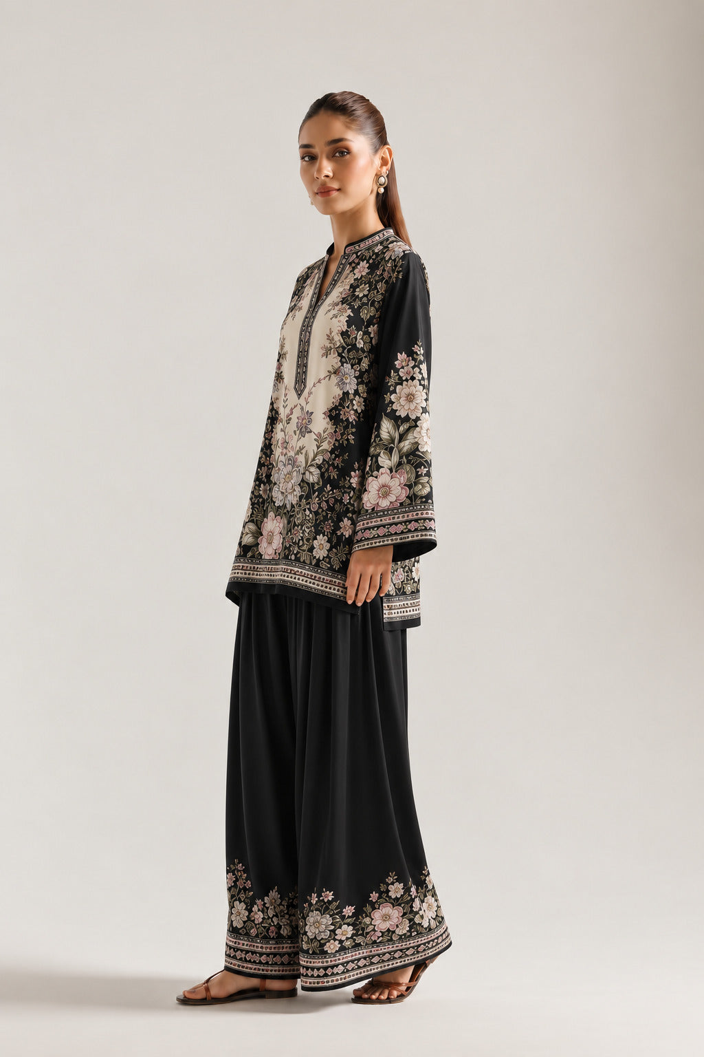 Black Nocturnal Floral Print Tunic & Farshi Salwar Co-Ord Set For Women