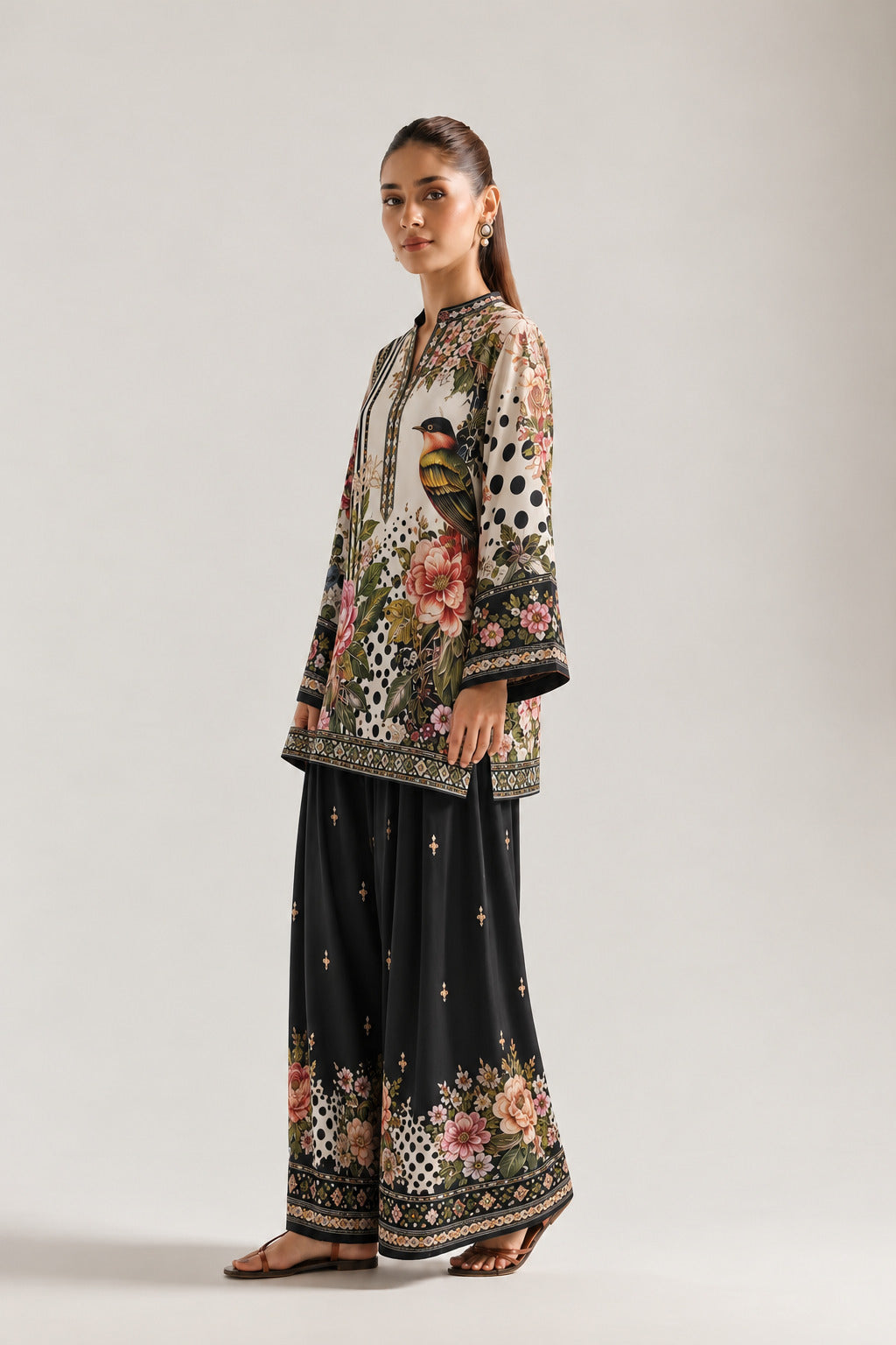 Black Mandarin Neck Tropical &  Polka Print Tunic With Farshi Salwar Co-Ord Set