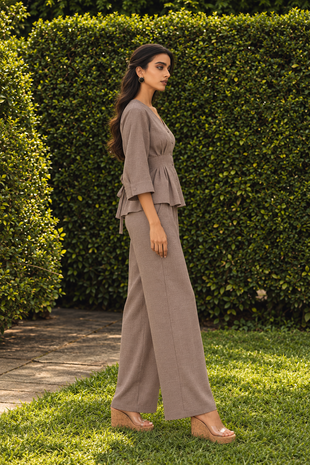 Grey V-Neck Three-Quarter Sleeve Peplum Co-Ord Set For Women