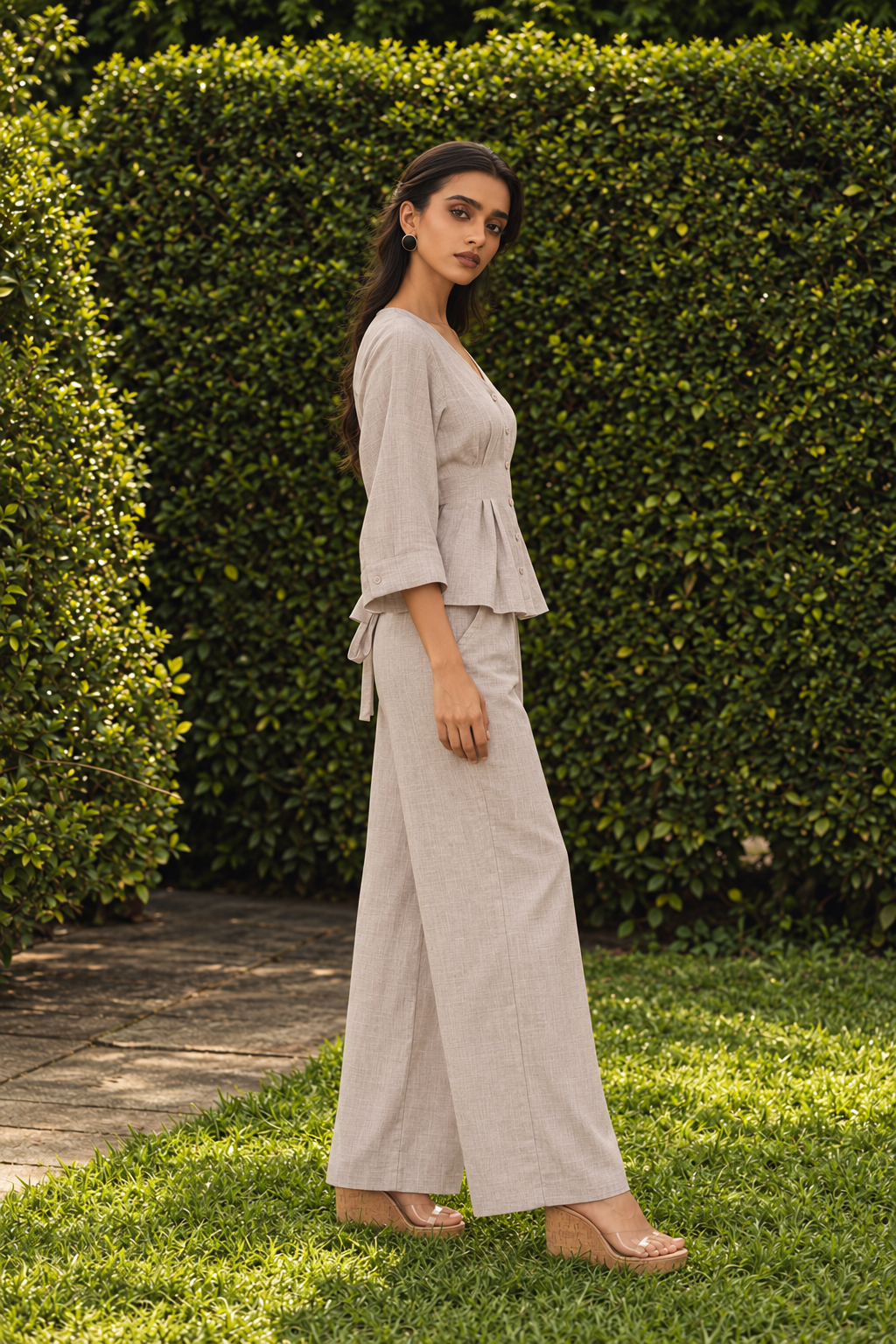 Beige V-Neck Three-Quarter Sleeve Peplum Co-ord Set For Women