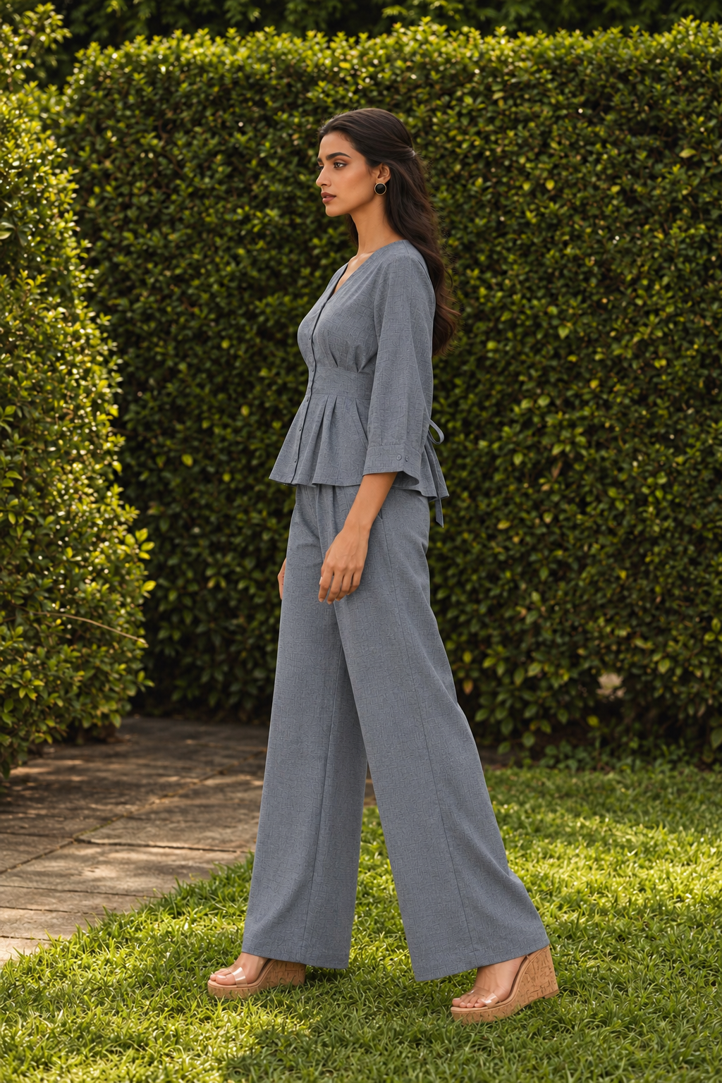 Dusty Blue V-Neck Peplum Top and Trousers Smart Casual Co-ord Set For Women