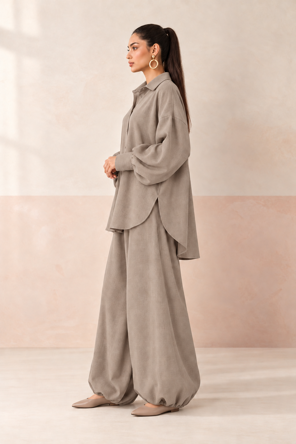 Grey Shirt Collar Long Sleeve Balloon Style Co-Ord Set For Women