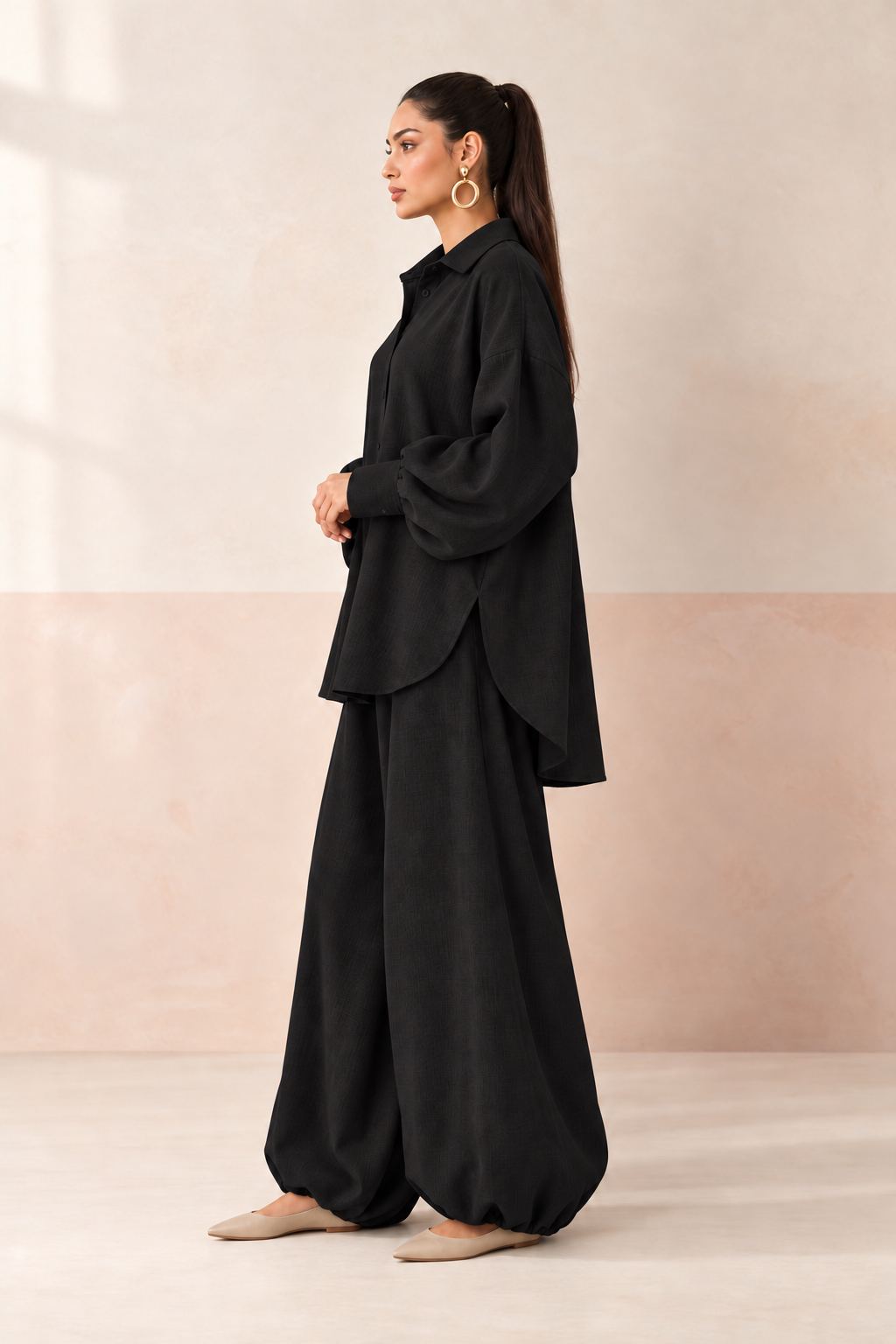 Black Shirt Collar Long Sleeve Balloon Style Co-Ord Set For Women