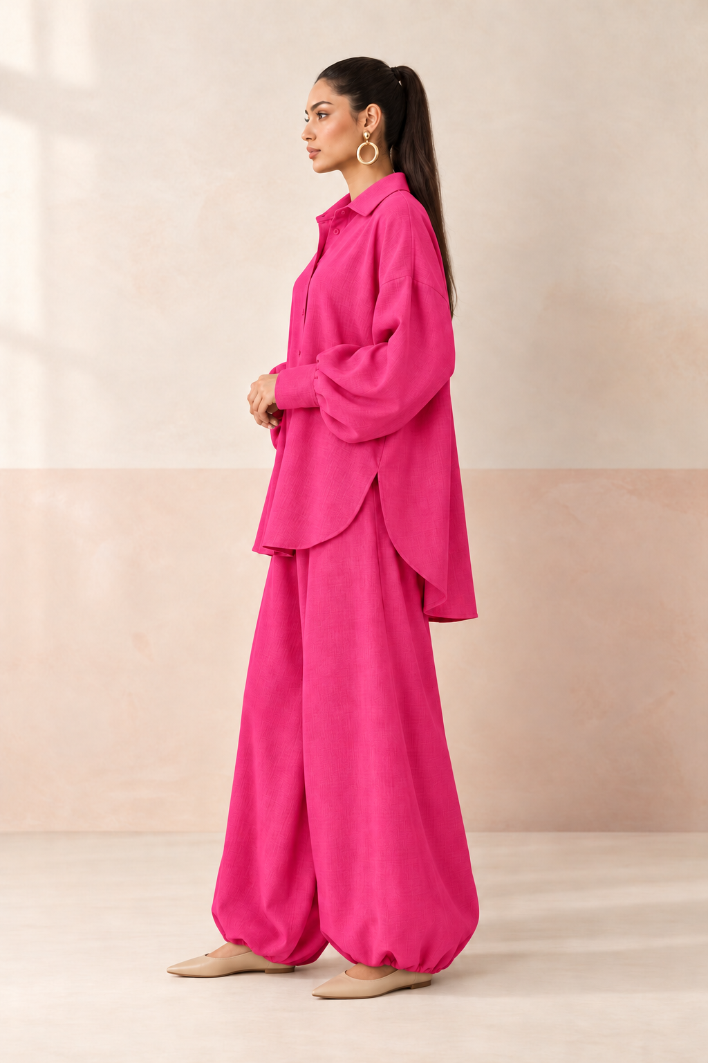 Magenta Pink Shirt Collar Long Sleeve Balloon Style Co-ord Set For Women