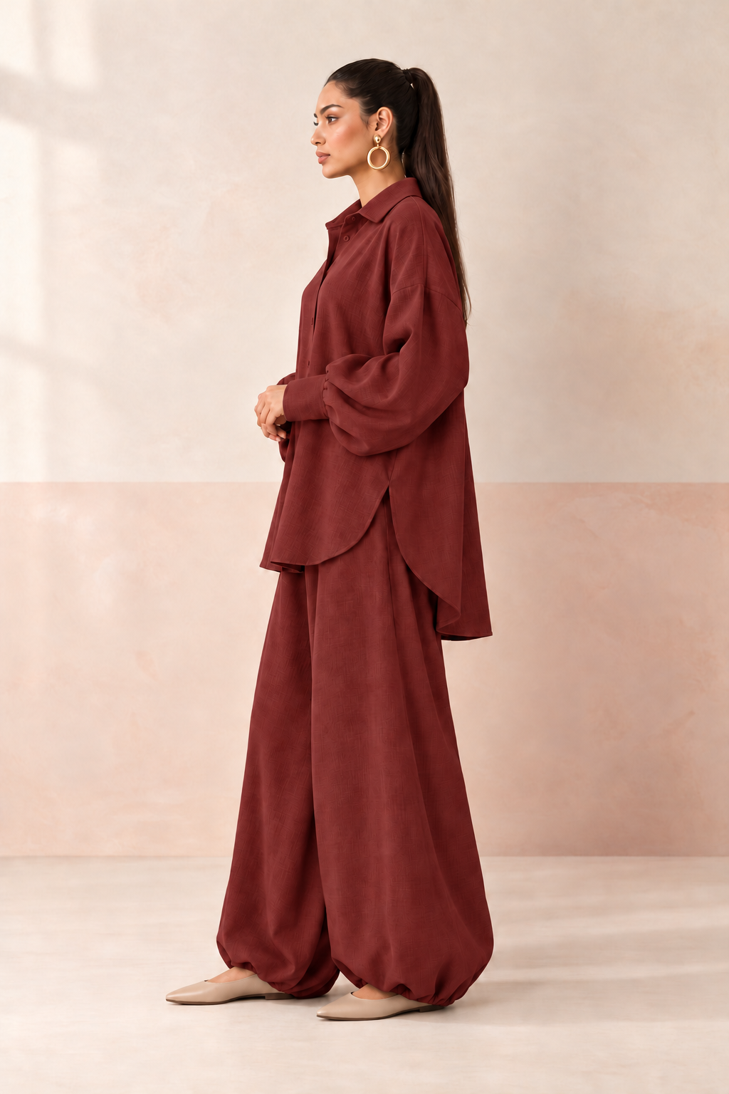 Maroon Shirt Collar Long Sleeve Balloon Style Co-ord Set For Women