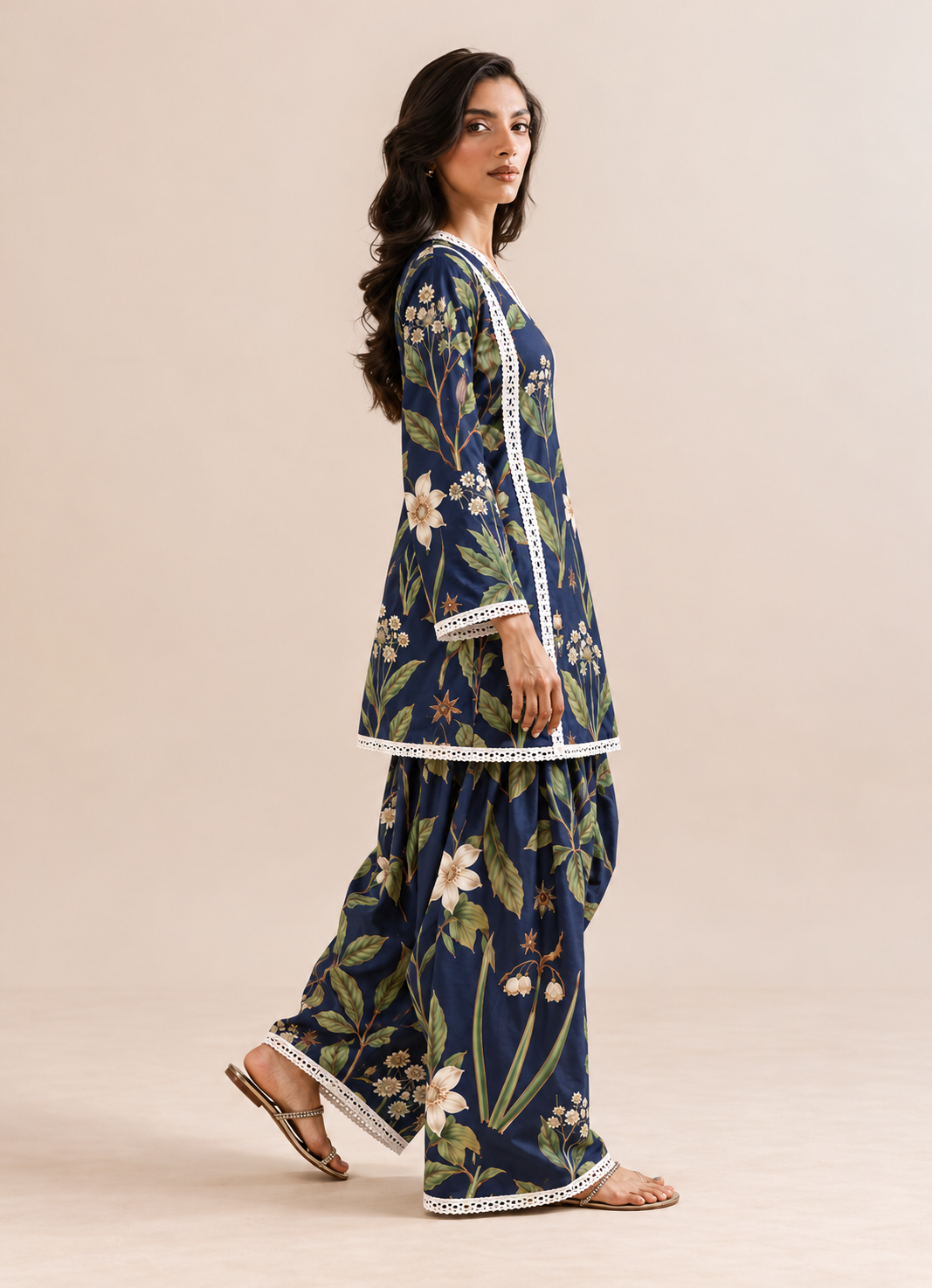 Navy Blue Floral Print Farshi Tunic & Palazzo Co-Ord Set For Women