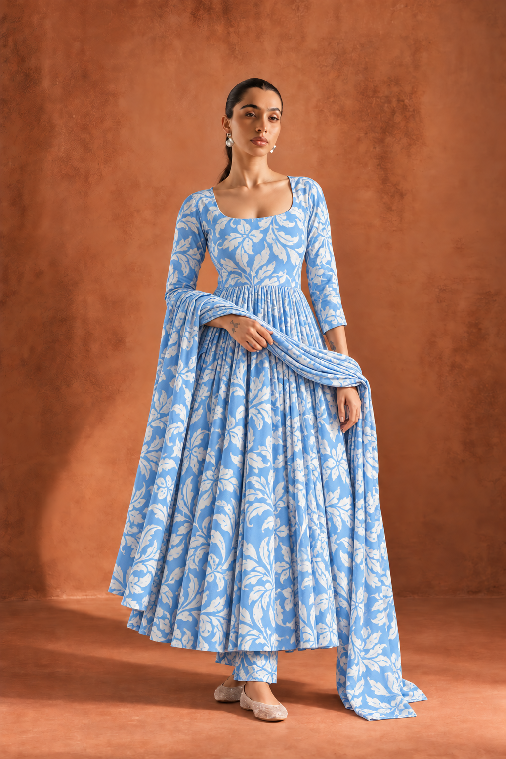 Blue & White Round Neck Floral Print Anarkali Kurta Set With Dupatta For Women