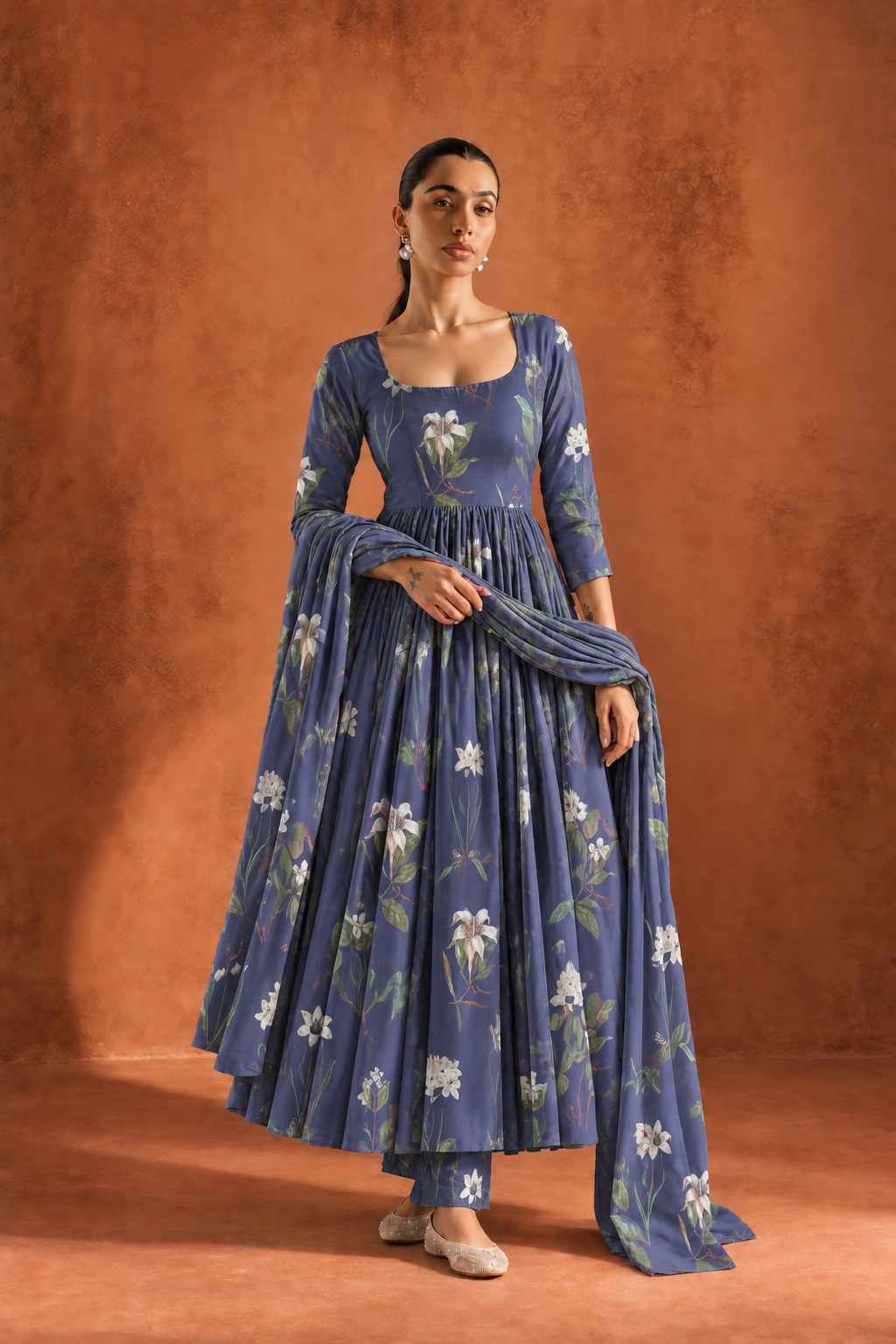 Navy Blue Floral Print Round Neck Anarkali Kurta Set For Women