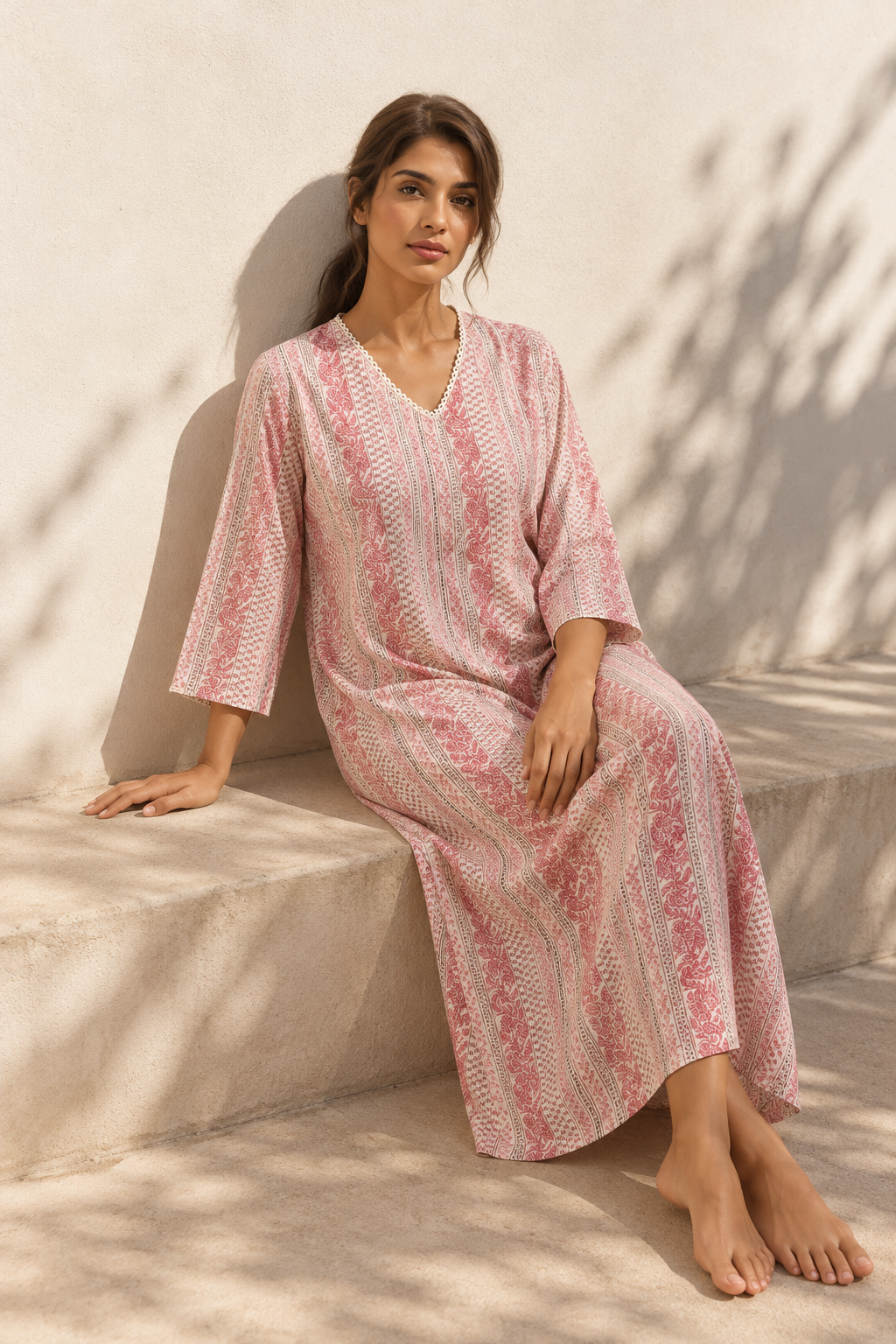 Pink Stripes Print V-Neck Pure Cotton Maxi Nighty For Women