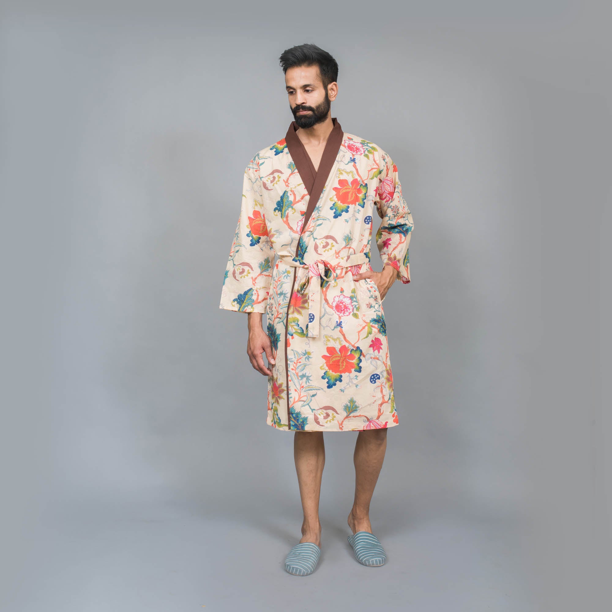Men Multi-Color Pure Cotton Kimono Robe
