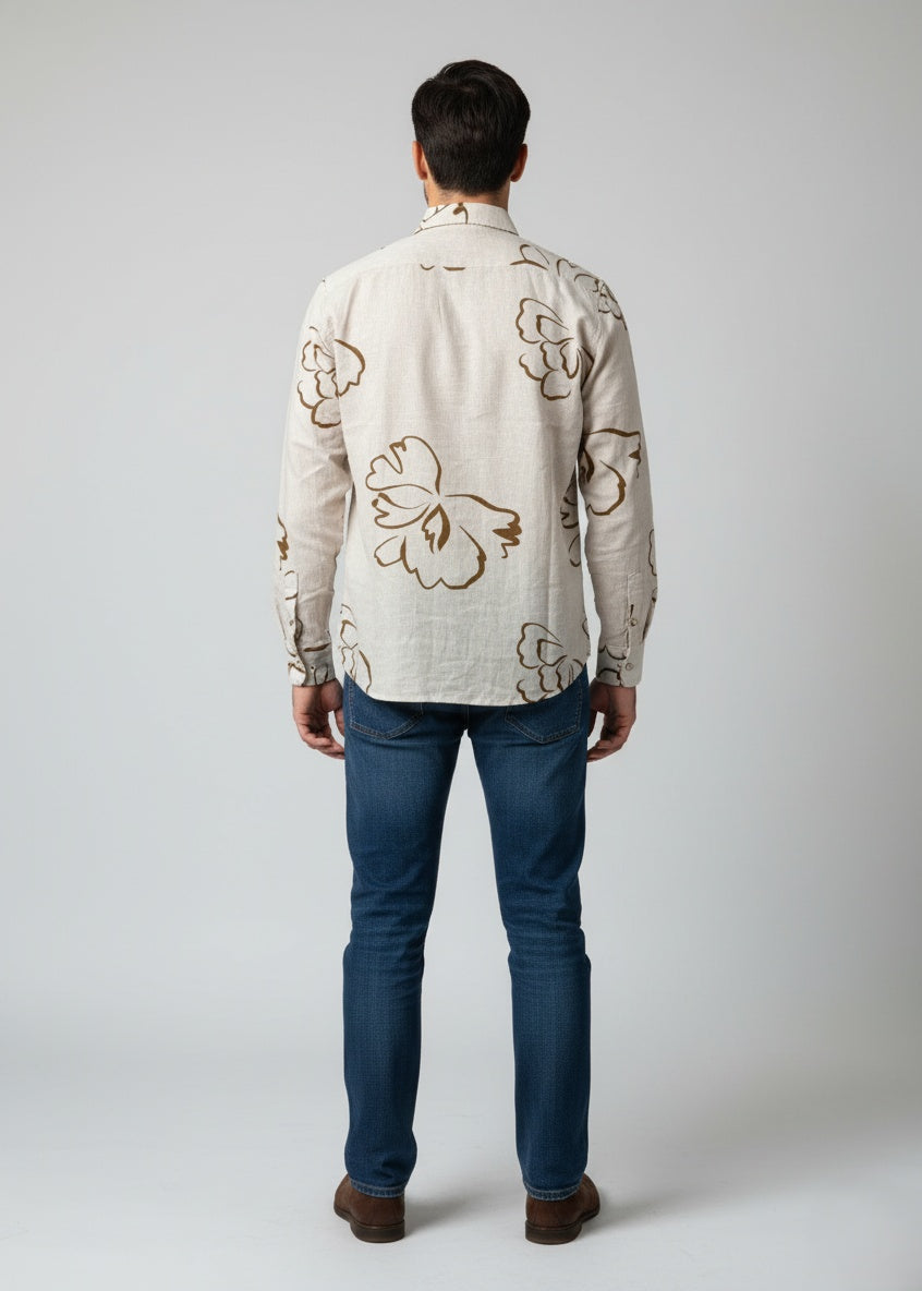 Beige Floral Print Cotton Spread Collar Casual Shirt For Men
