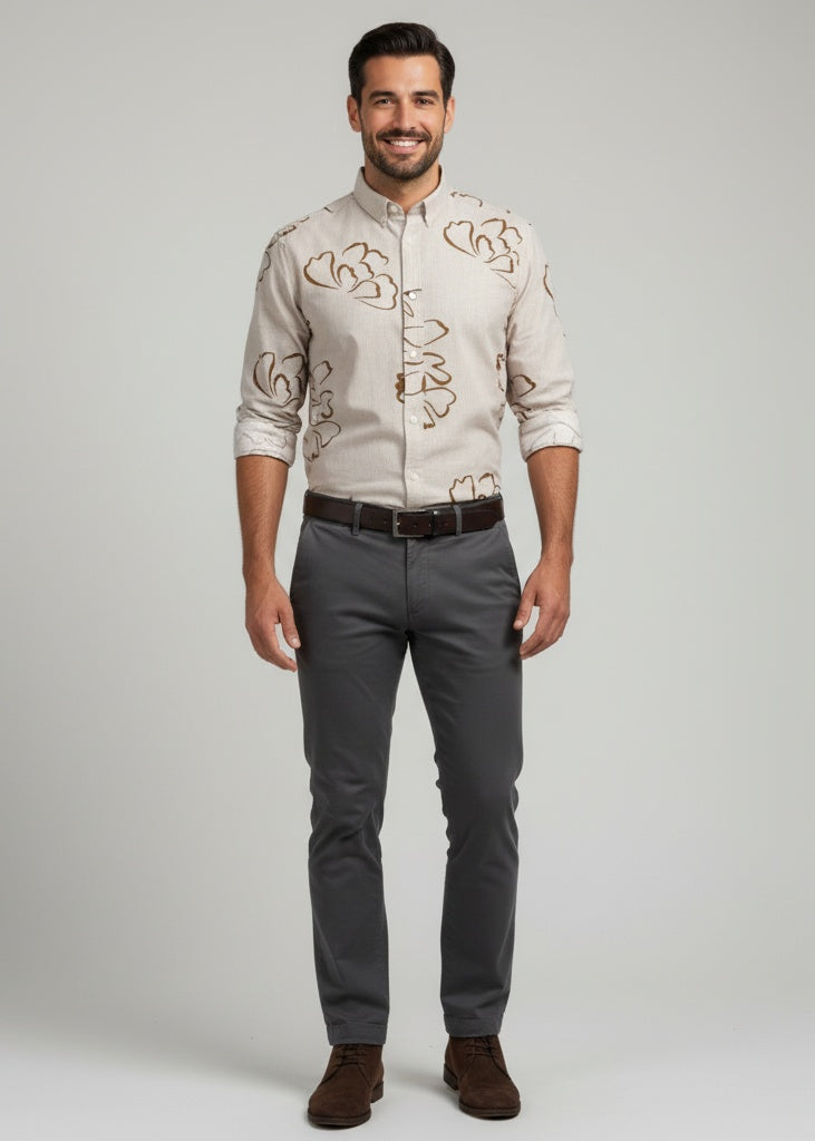 Beige Floral Print Cotton Spread Collar Casual Shirt For Men