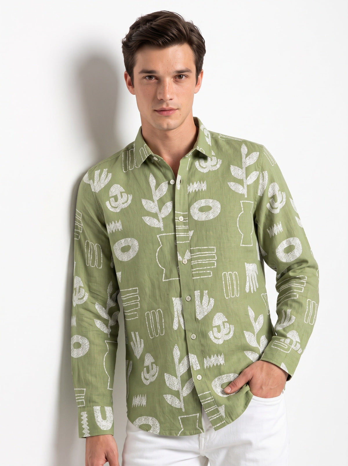 Sage Green Band Collar Abstract Botanical Print Cotton Casual Shirt For Men