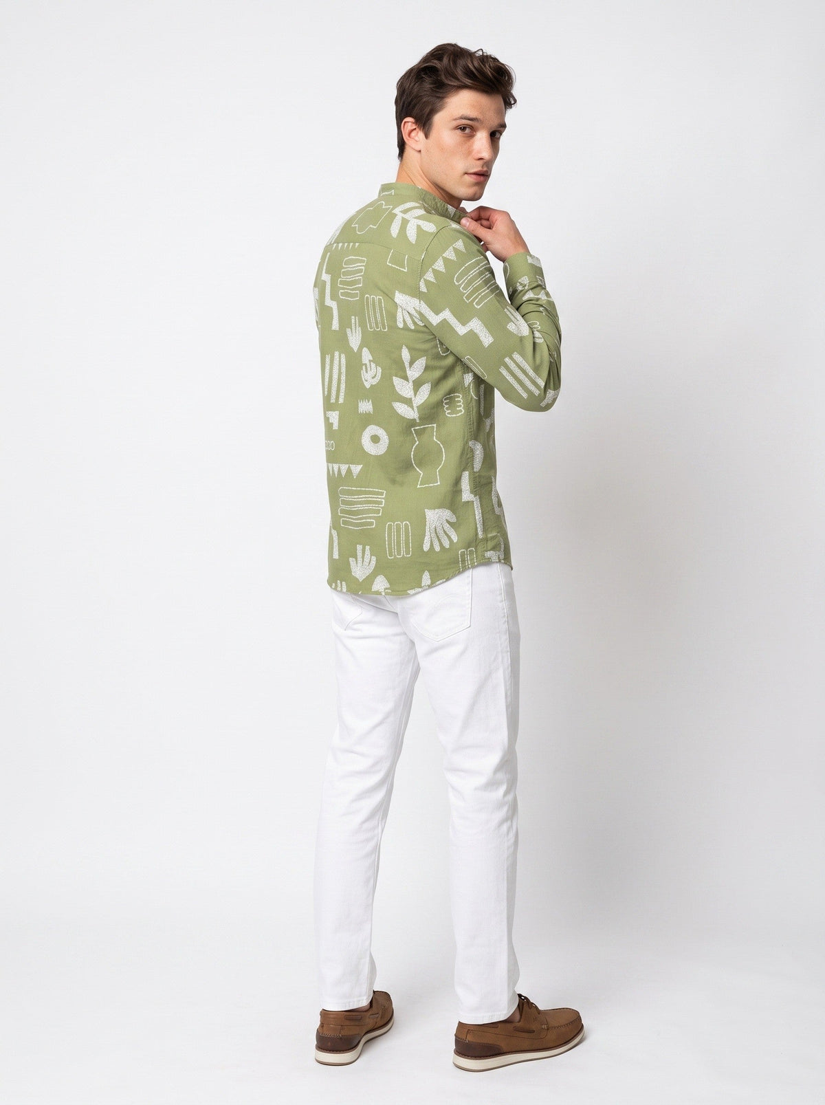 Sage Green Band Collar Abstract Botanical Print Cotton Casual Shirt For Men