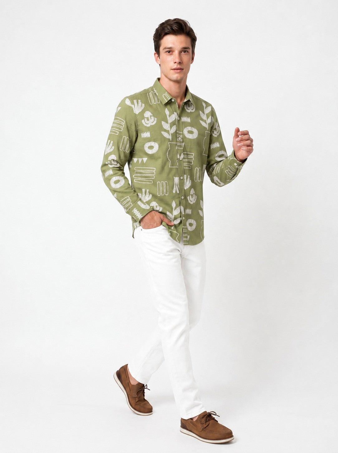 Sage Green Band Collar Abstract Botanical Print Cotton Casual Shirt For Men