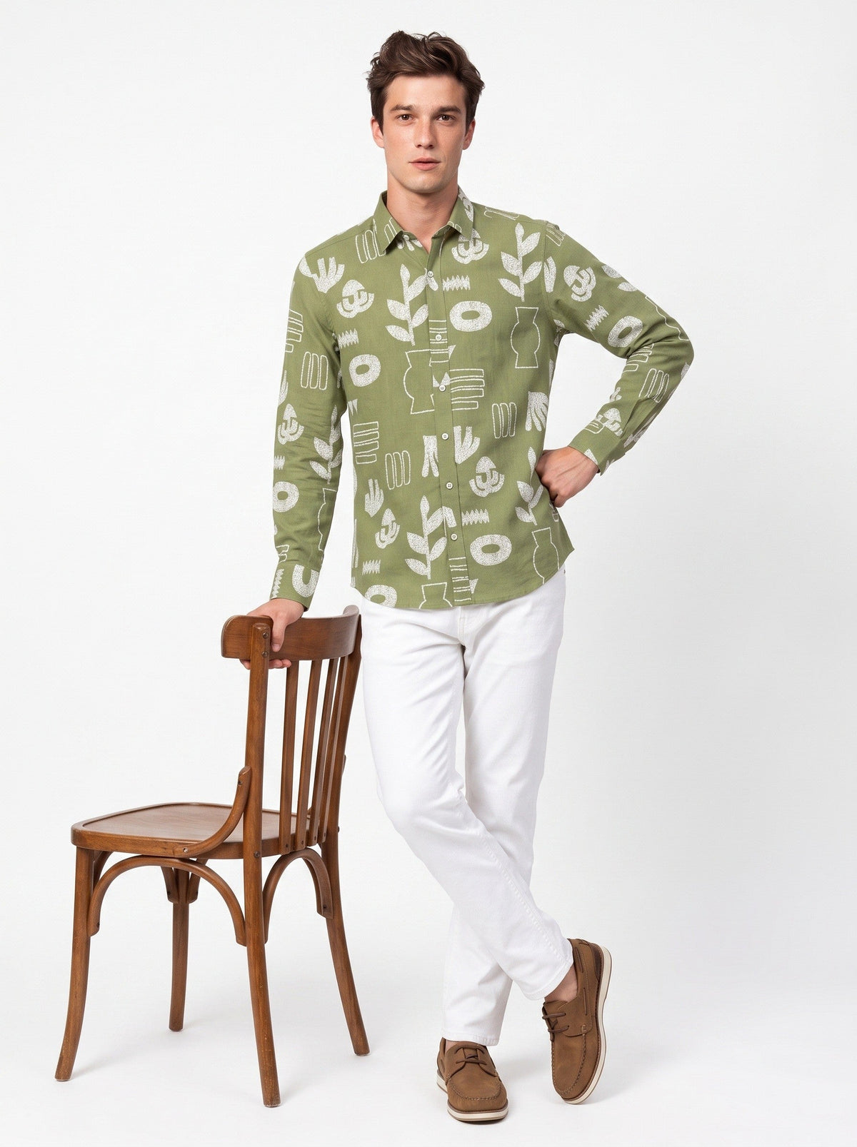 Sage Green Band Collar Abstract Botanical Print Cotton Casual Shirt For Men