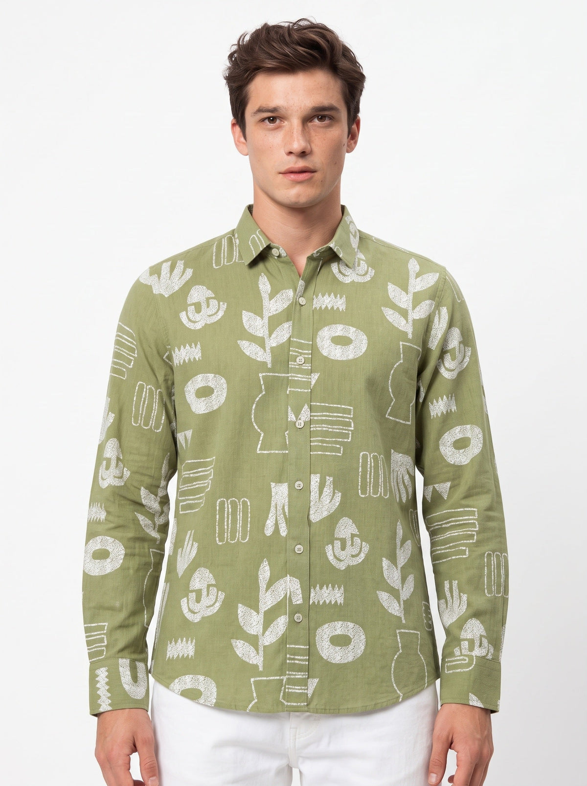 Sage Green Band Collar Abstract Botanical Print Cotton Casual Shirt For Men