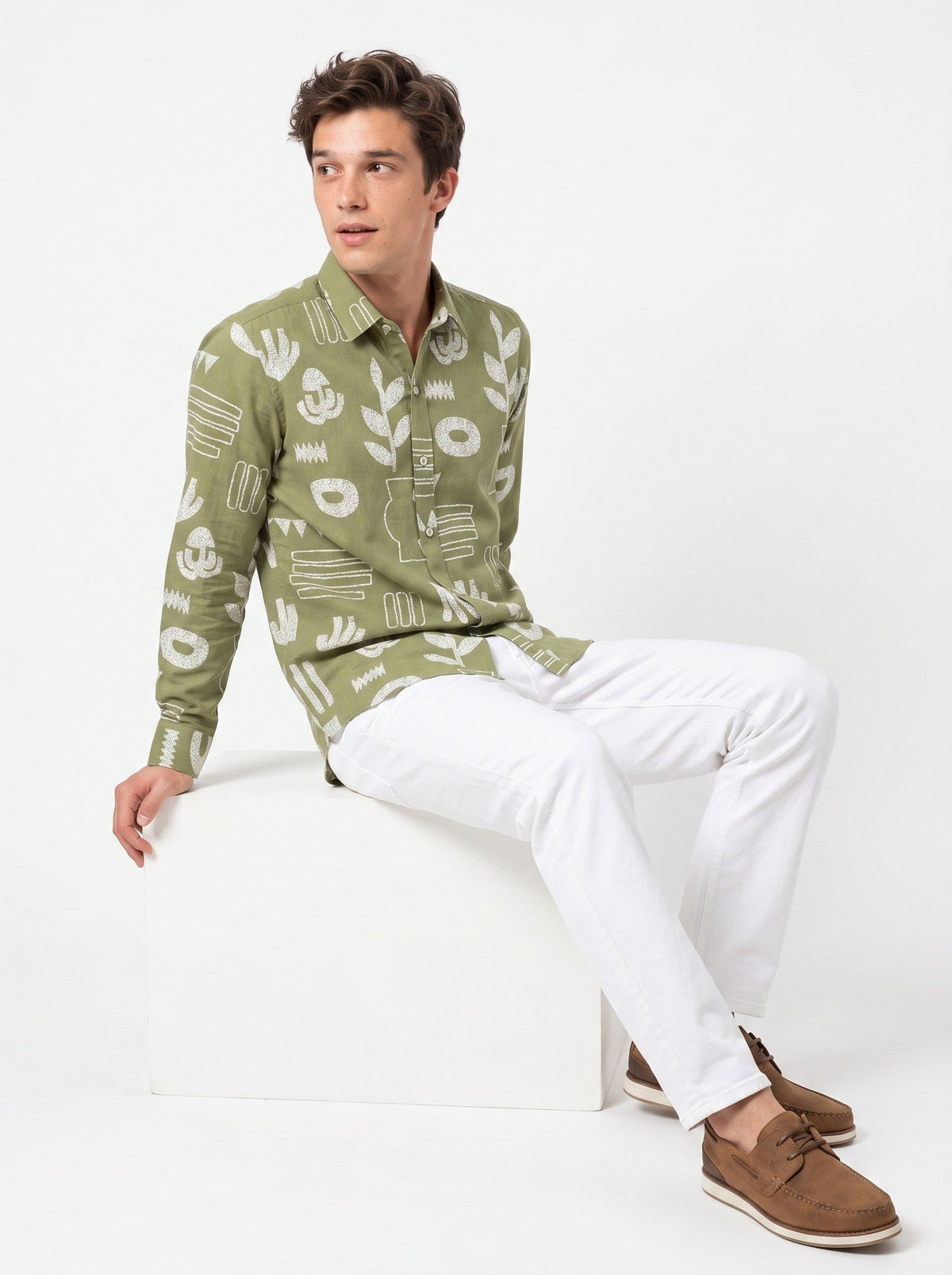 Sage Green Band Collar Abstract Botanical Print Cotton Casual Shirt For Men