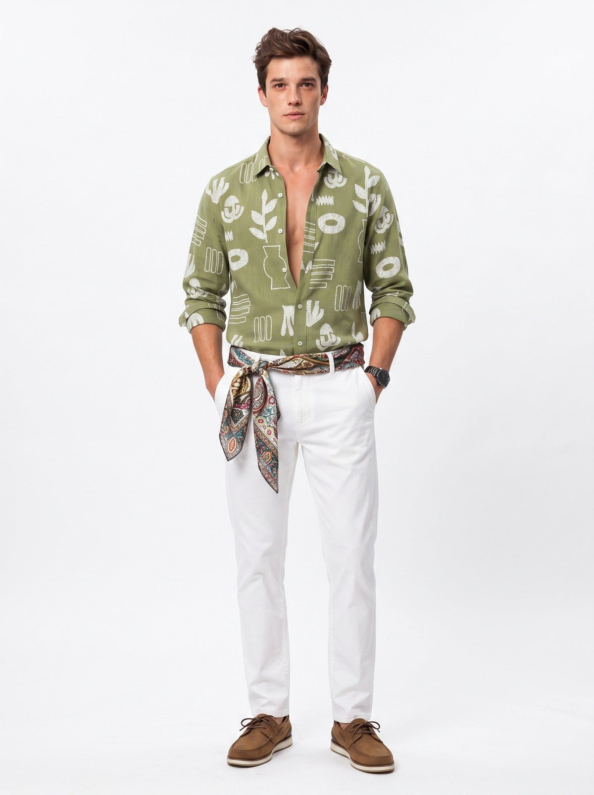 Sage Green Band Collar Abstract Botanical Print Cotton Casual Shirt For Men