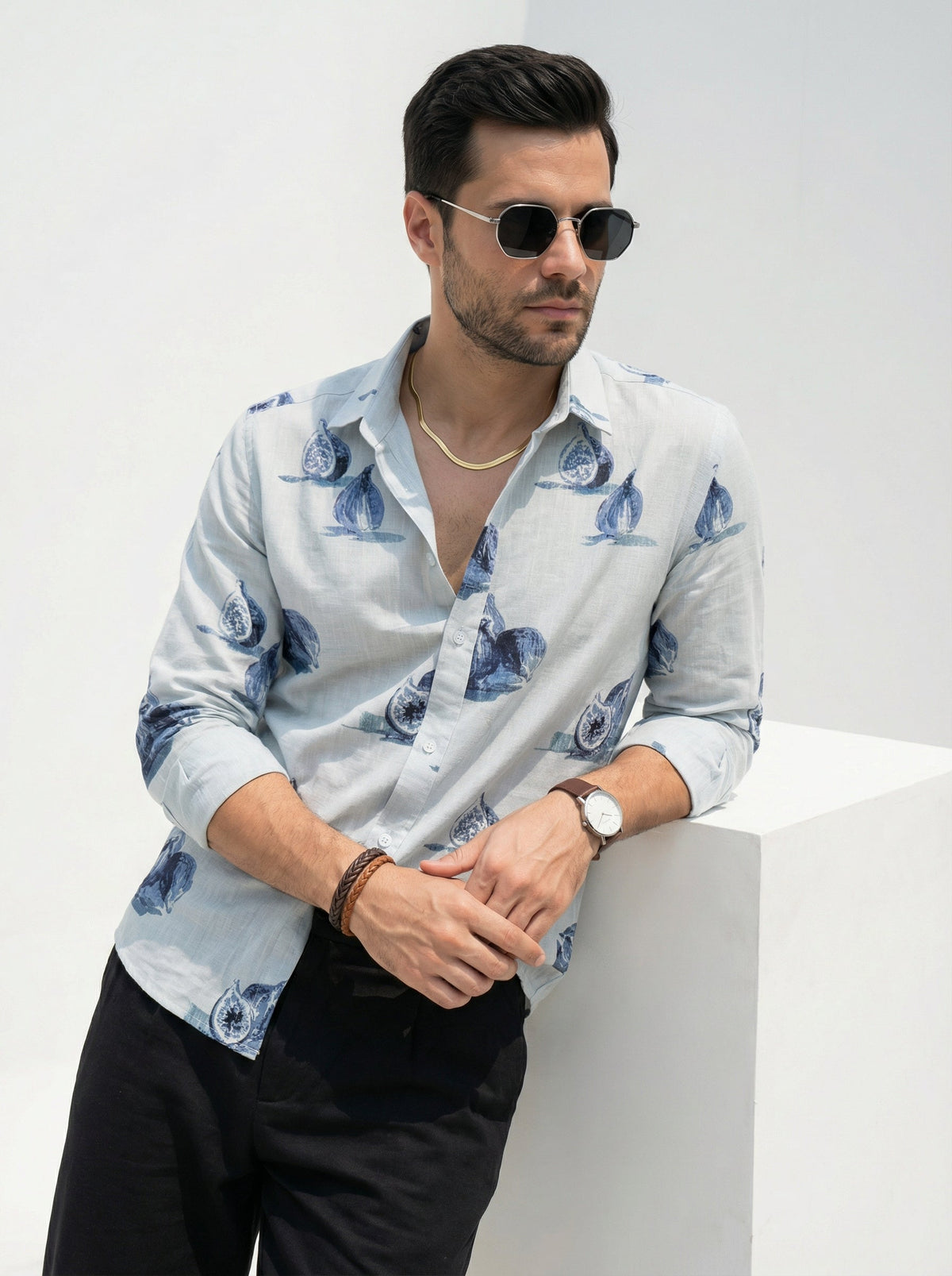 Blue Conversational Print Cotton Band Collar Shirt For Men