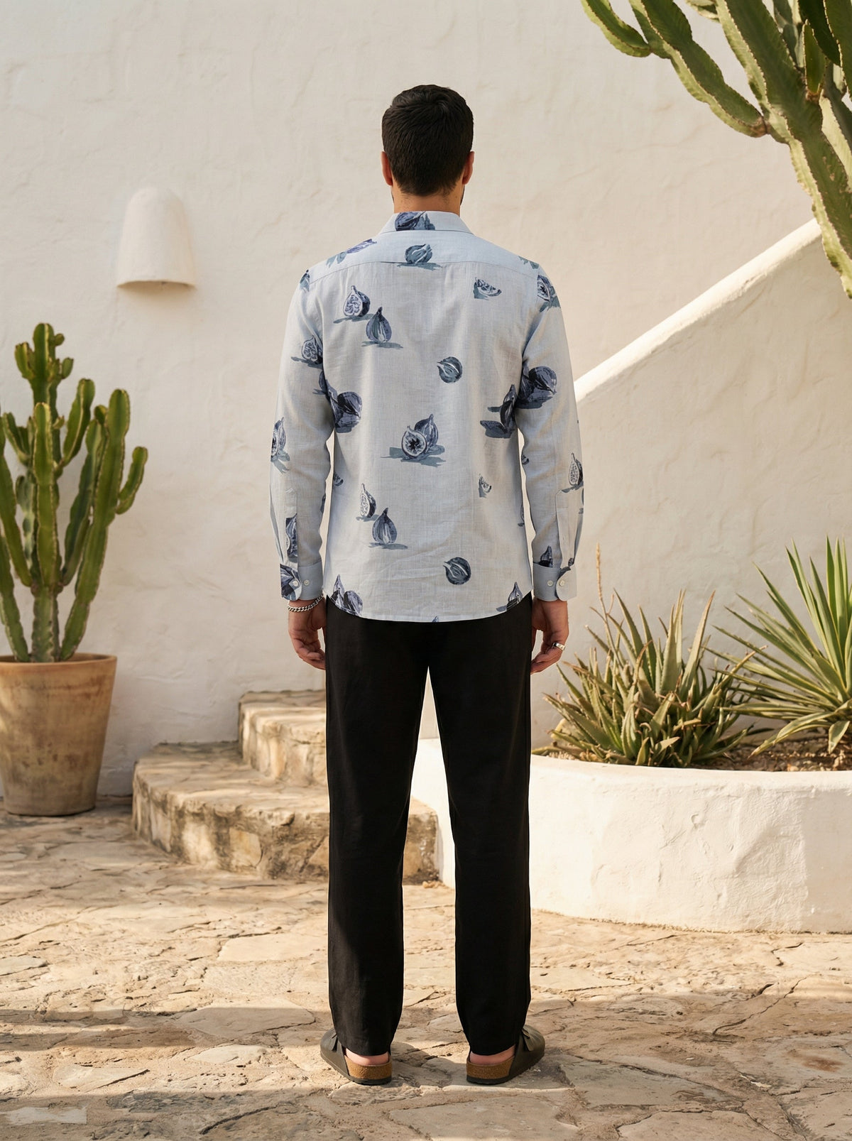 Blue Conversational Print Cotton Band Collar Shirt For Men