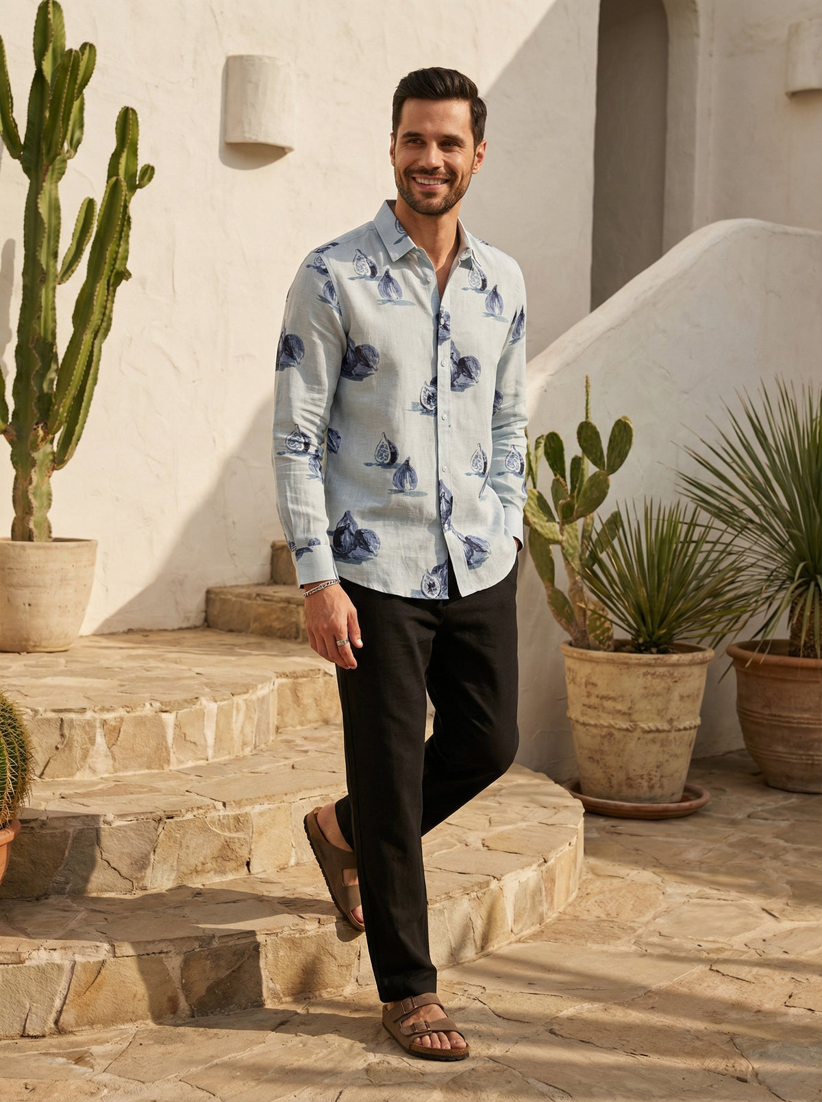 Blue Conversational Print Cotton Band Collar Shirt For Men