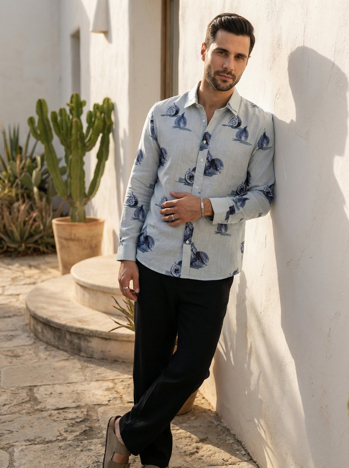 Blue Conversational Print Cotton Band Collar Shirt For Men