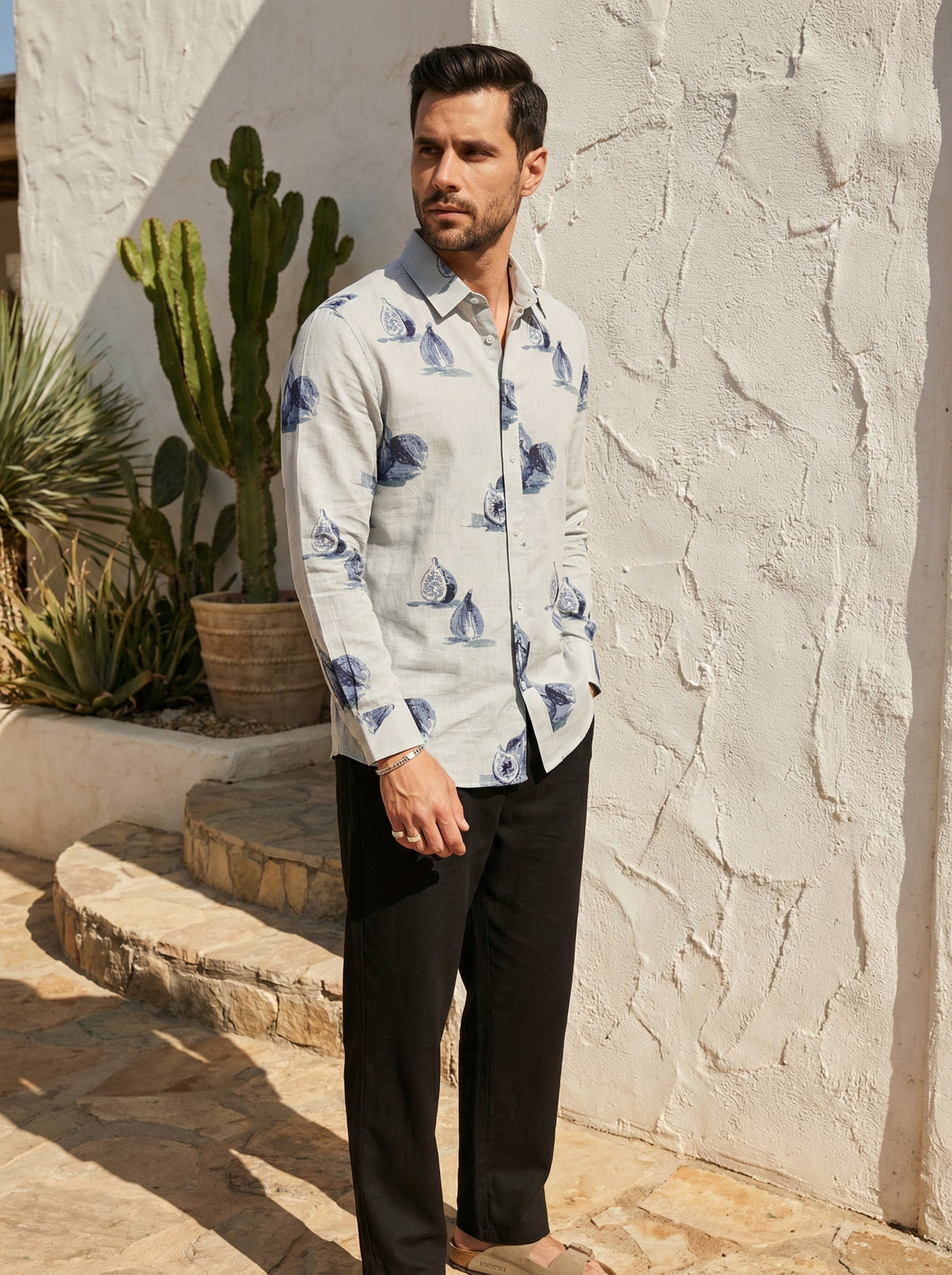 Blue Conversational Print Cotton Band Collar Shirt For Men