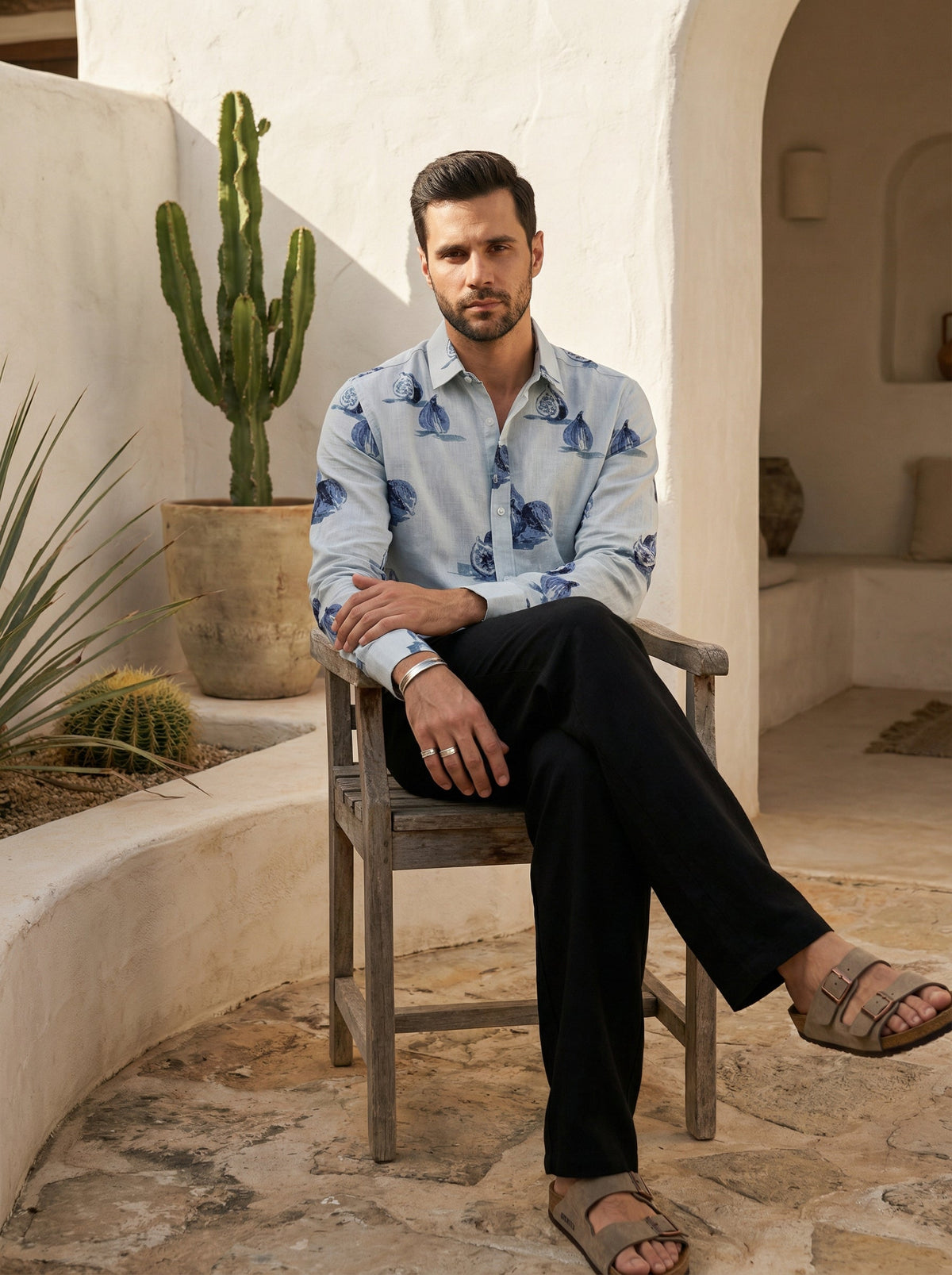 Blue Conversational Print Cotton Band Collar Shirt For Men