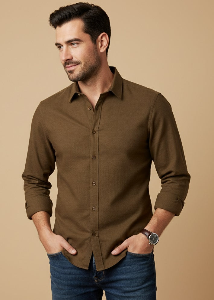 Brown Band Collar Solid Cotton Shirt For Men