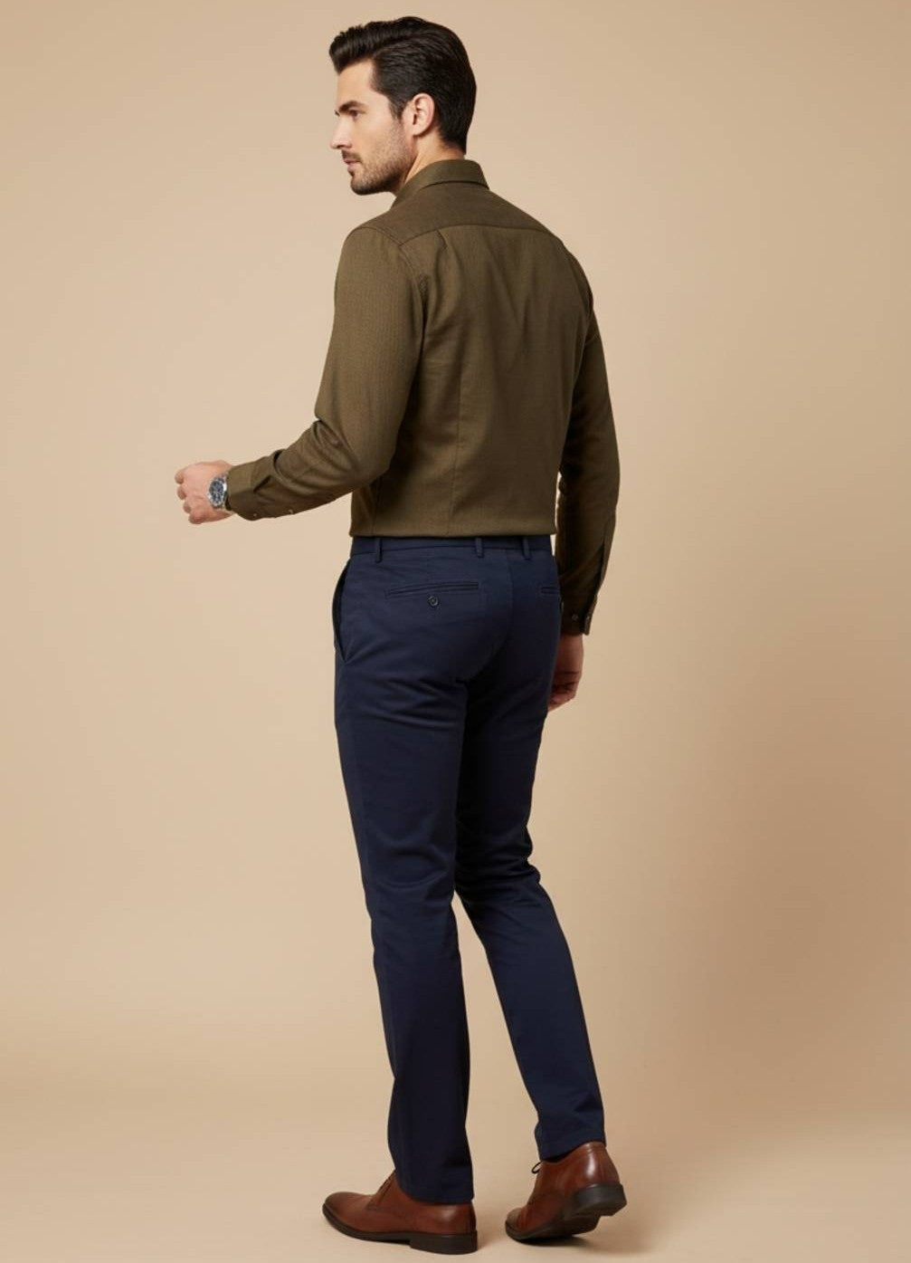 Brown Band Collar Solid Cotton Shirt For Men