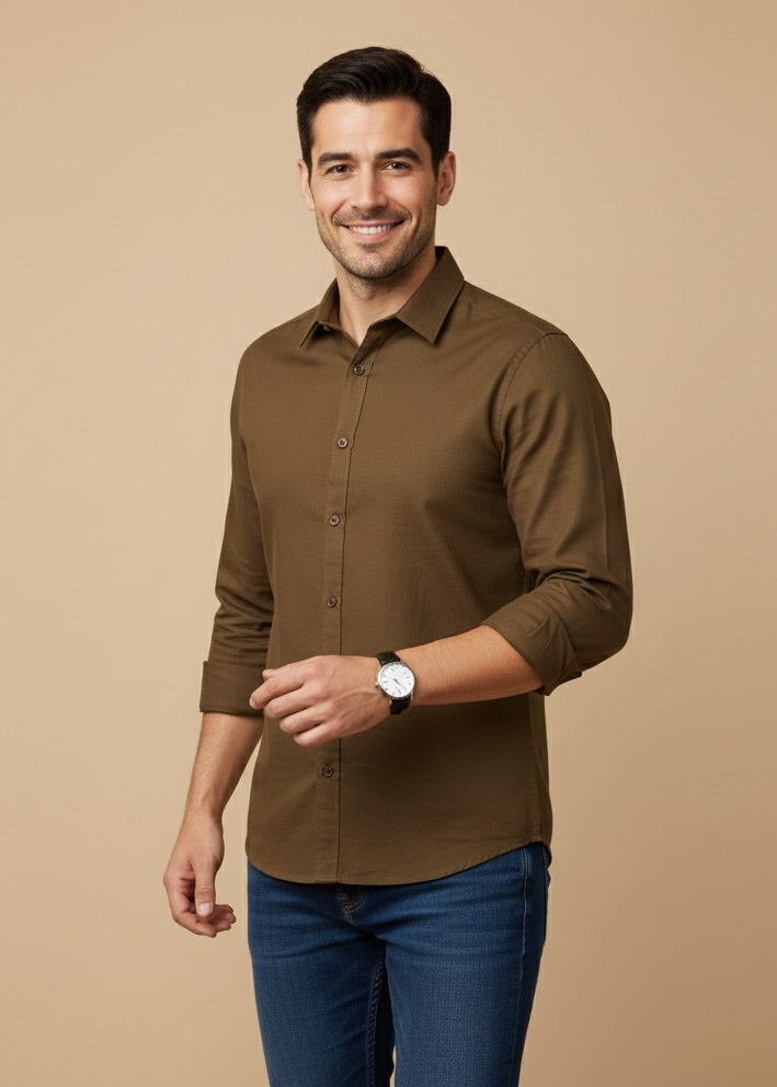 Brown Band Collar Solid Cotton Shirt For Men
