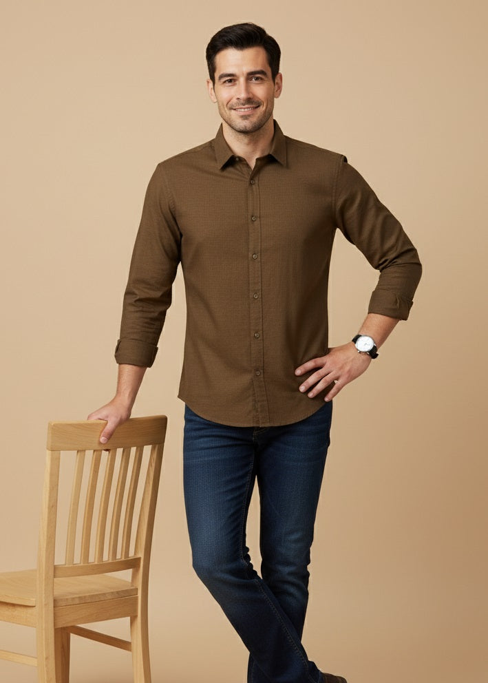 Brown Band Collar Solid Cotton Shirt For Men