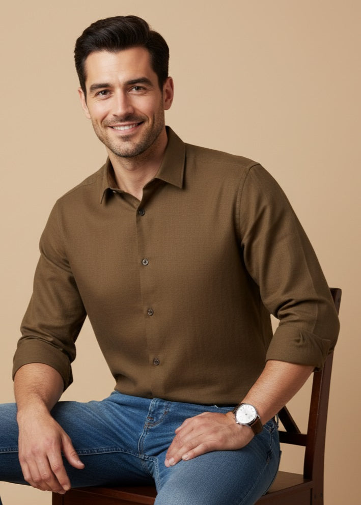Brown Band Collar Solid Cotton Shirt For Men