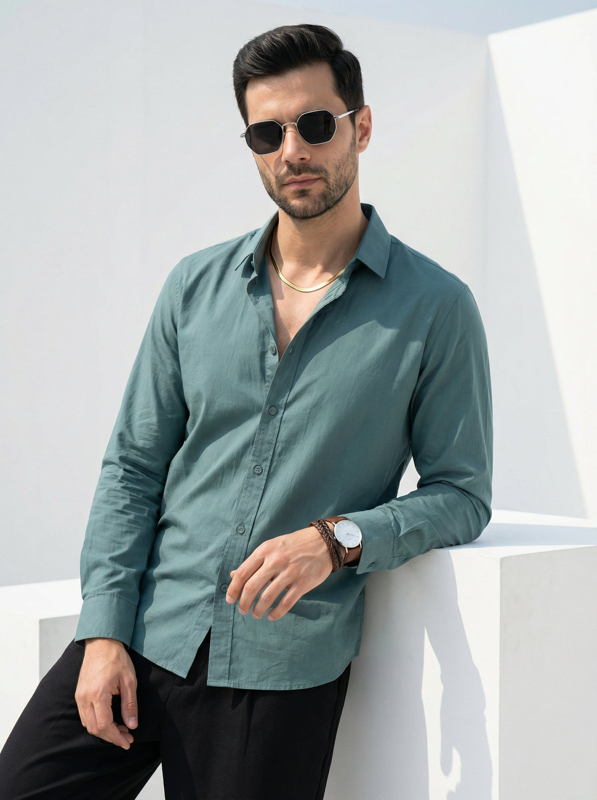 Sea Green Band Collar Solid Print Cotton Shirt For Men