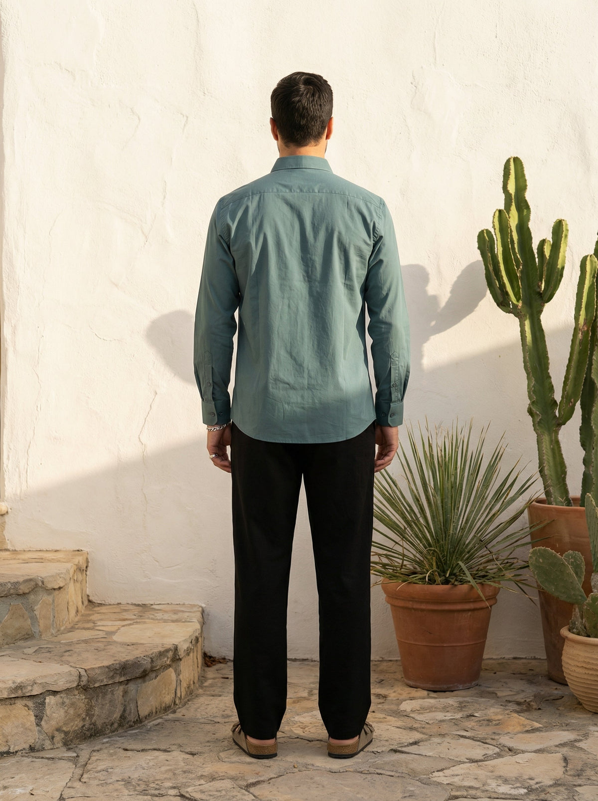 Sea Green Band Collar Solid Print Cotton Shirt For Men
