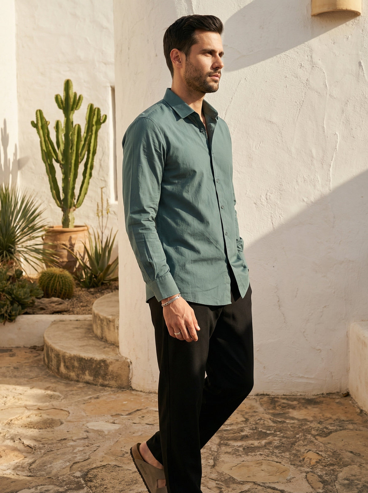 Sea Green Band Collar Solid Print Cotton Shirt For Men