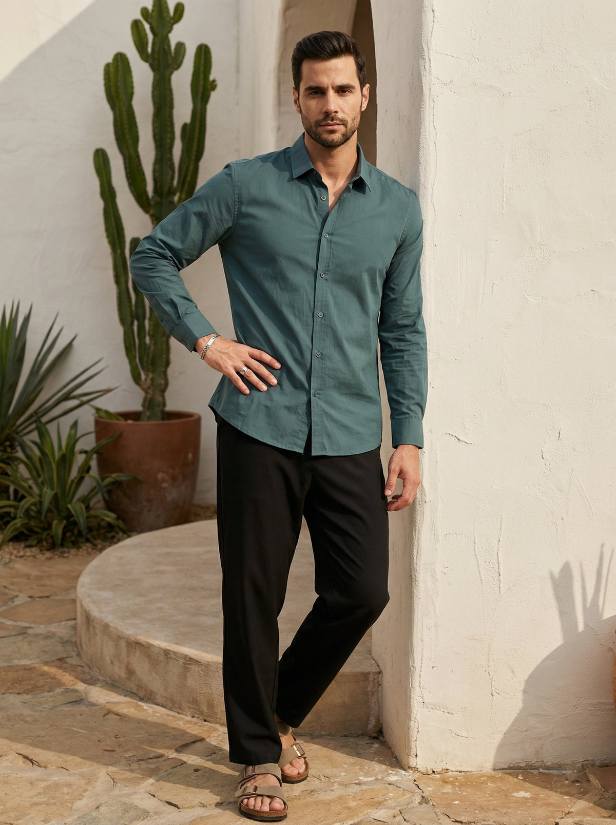 Sea Green Band Collar Solid Print Cotton Shirt For Men