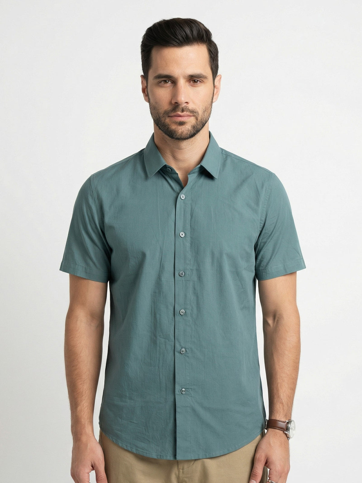 Sea Green Solid Print Band Collar Cotton Shirt For Men